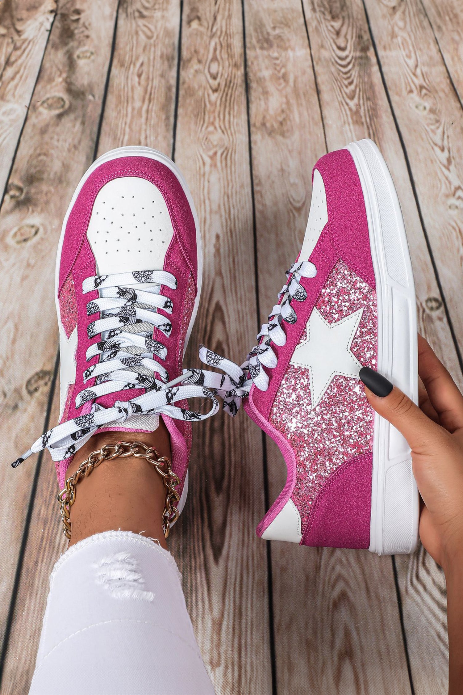 Black Stylish Color Block Glitter Star Patchwork Lace-up Flat Shoes