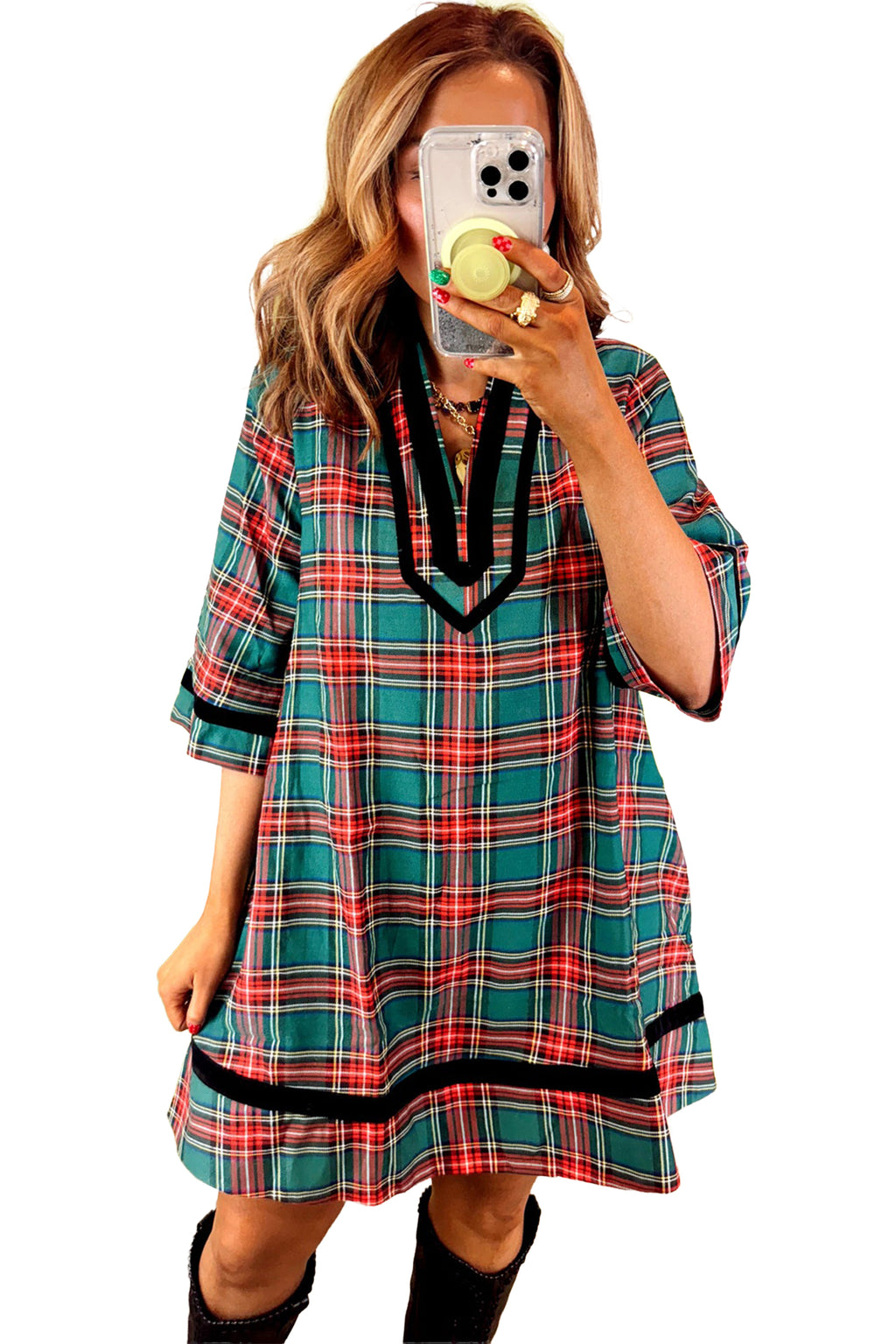 Green Plaid Velvet Trim Pockets Short Shift Dress