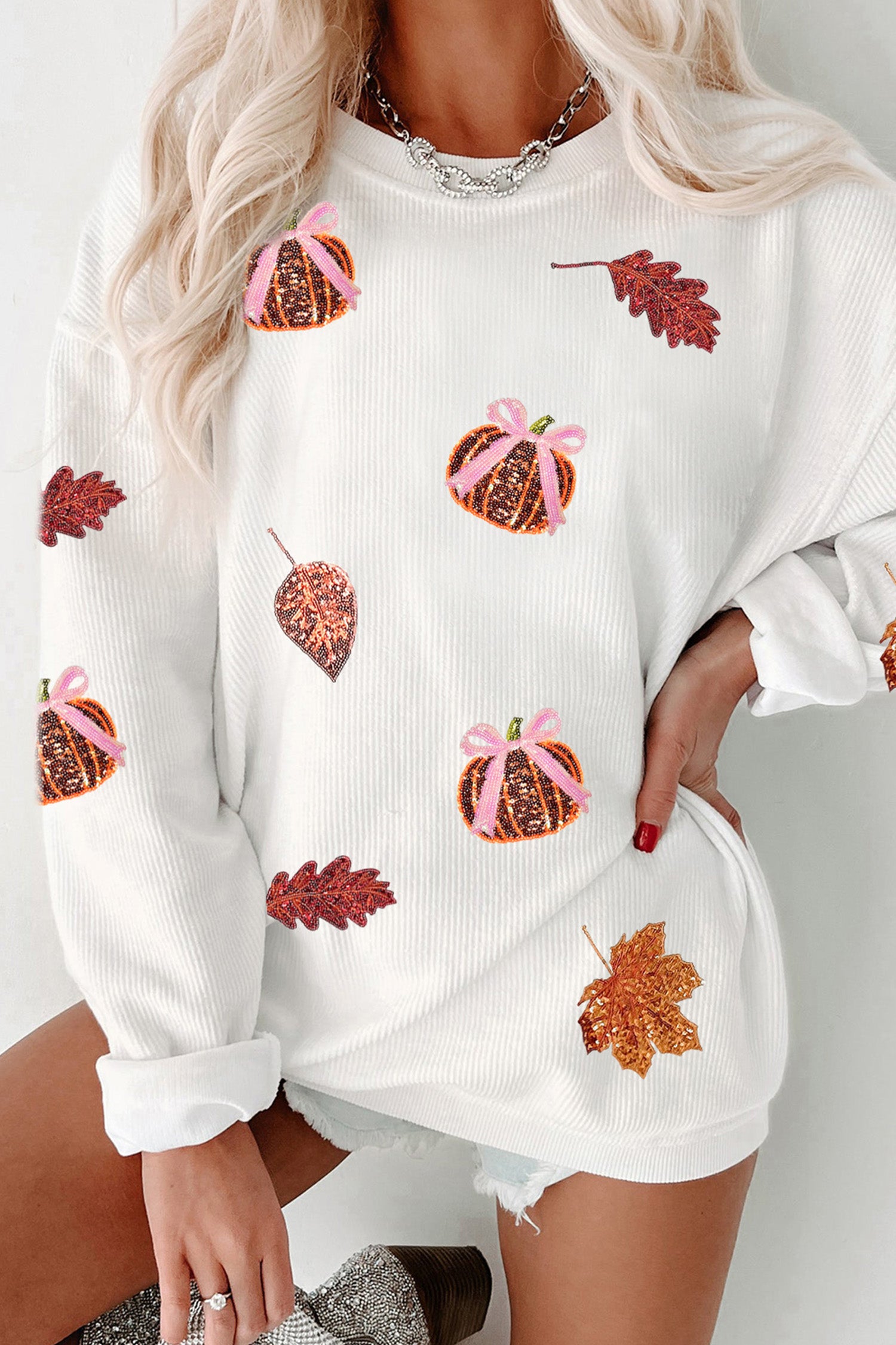 White Sequin Pumpkin Leaf Corded Ribbed Oversized Sweatshirt