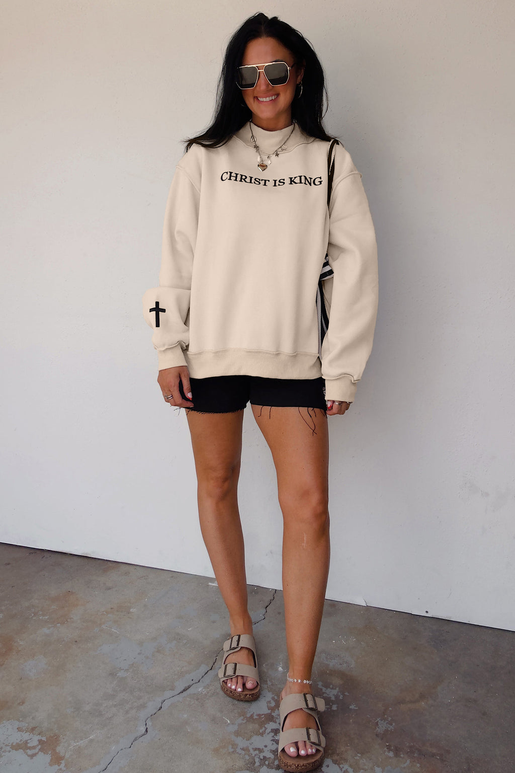 Beige CHRIST IS KING Embroidery High Neck Baggy Sweatshirt