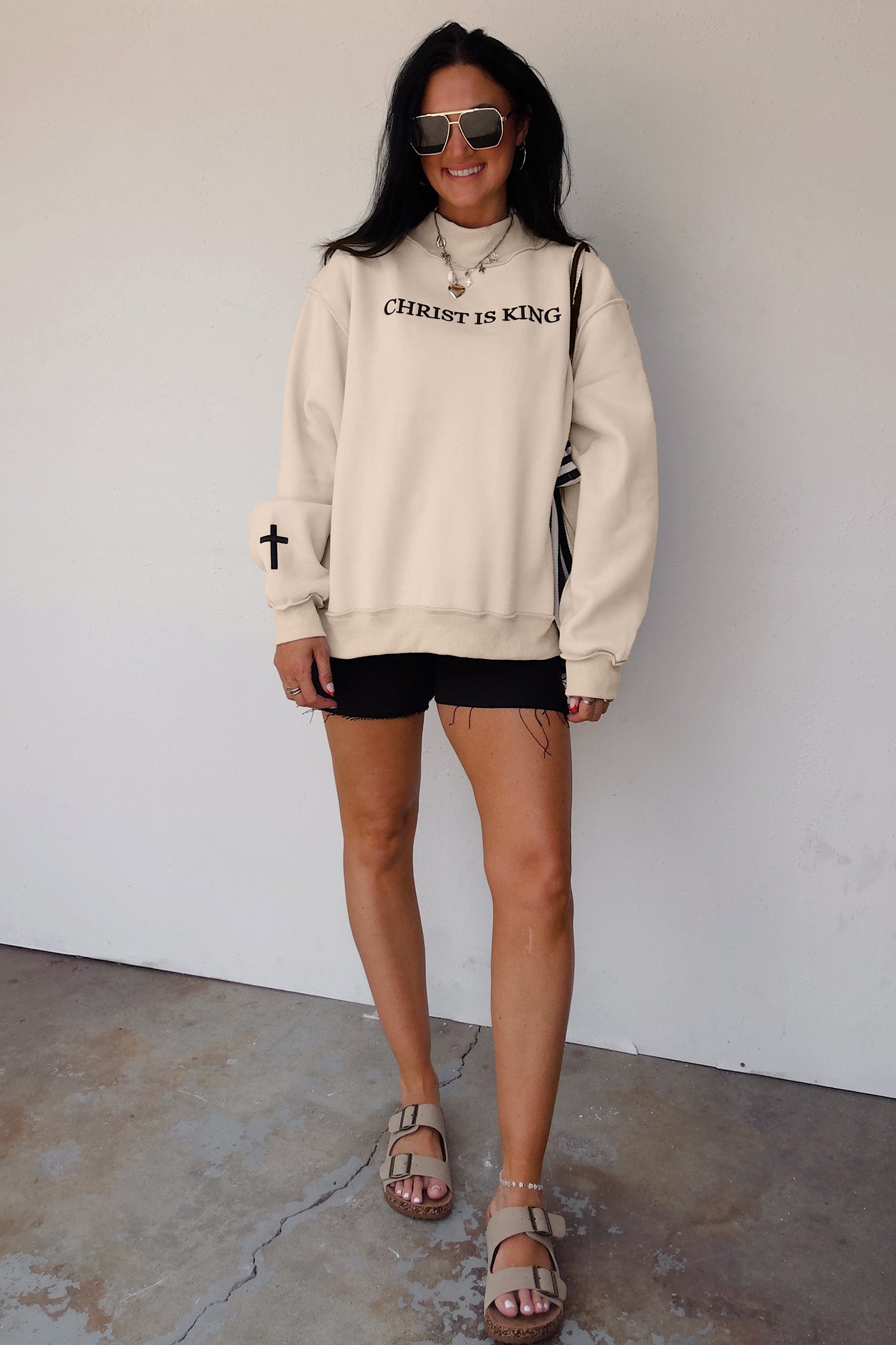Beige CHRIST IS KING Embroidery High Neck Baggy Sweatshirt