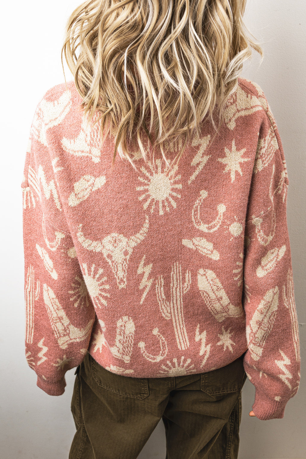 Peach Blossom Western Print Drop Shoulder Round Neck Long Sleeve Sweater