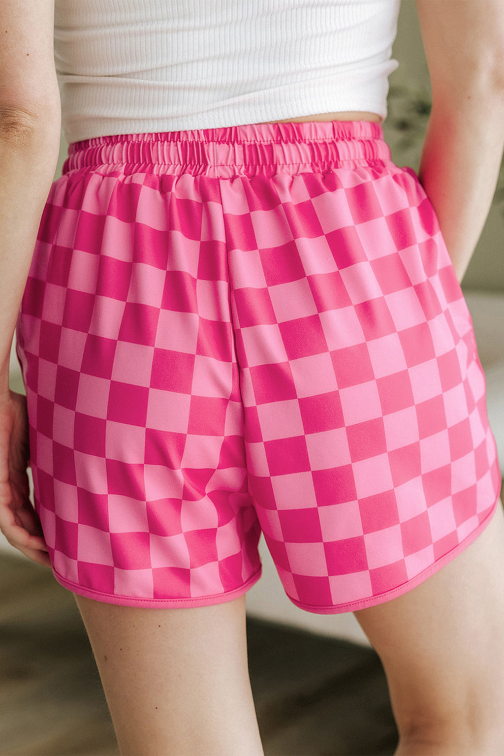 Black Checkered Drawstring Elastic Waist Casual Shorts