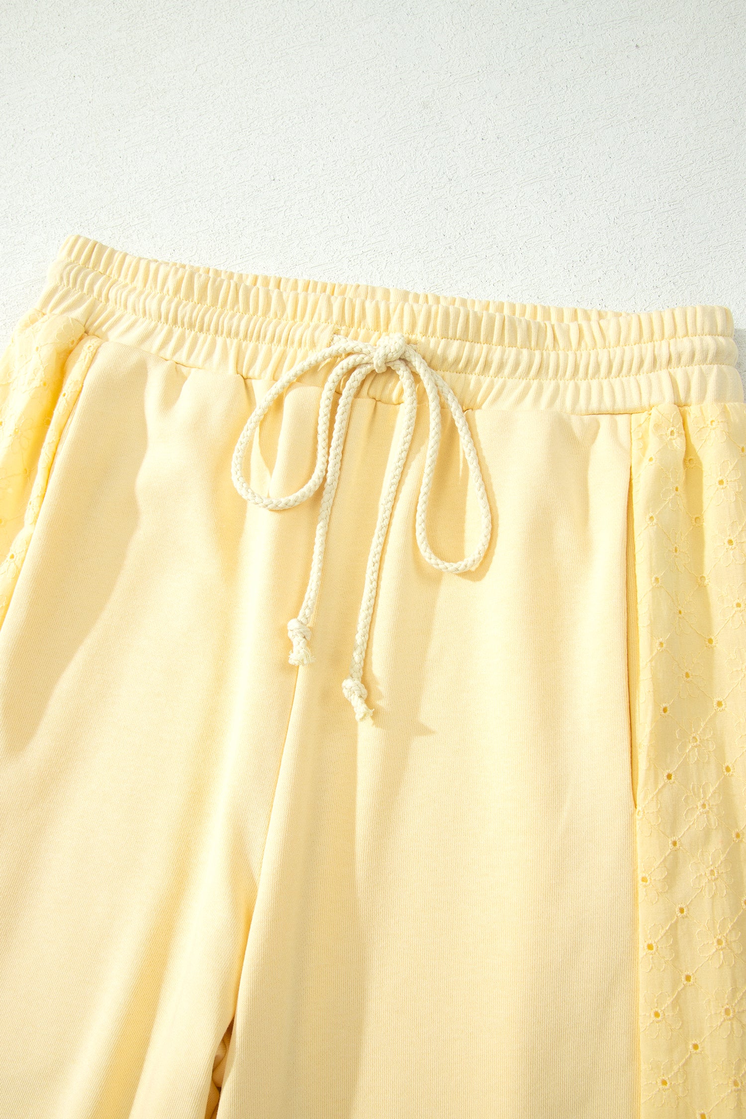 Yellow Cream Eyelet Embroidered Lace Patchwork Cropped Pullover Drawstring Pants Set