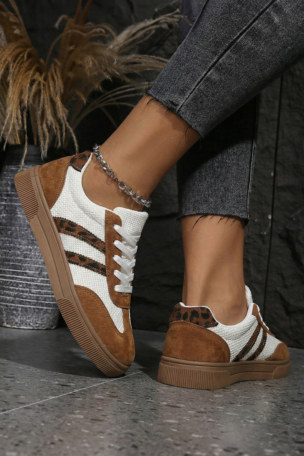 White Textured Woven PU Leather Leopard Patchwork Flat Sneakers