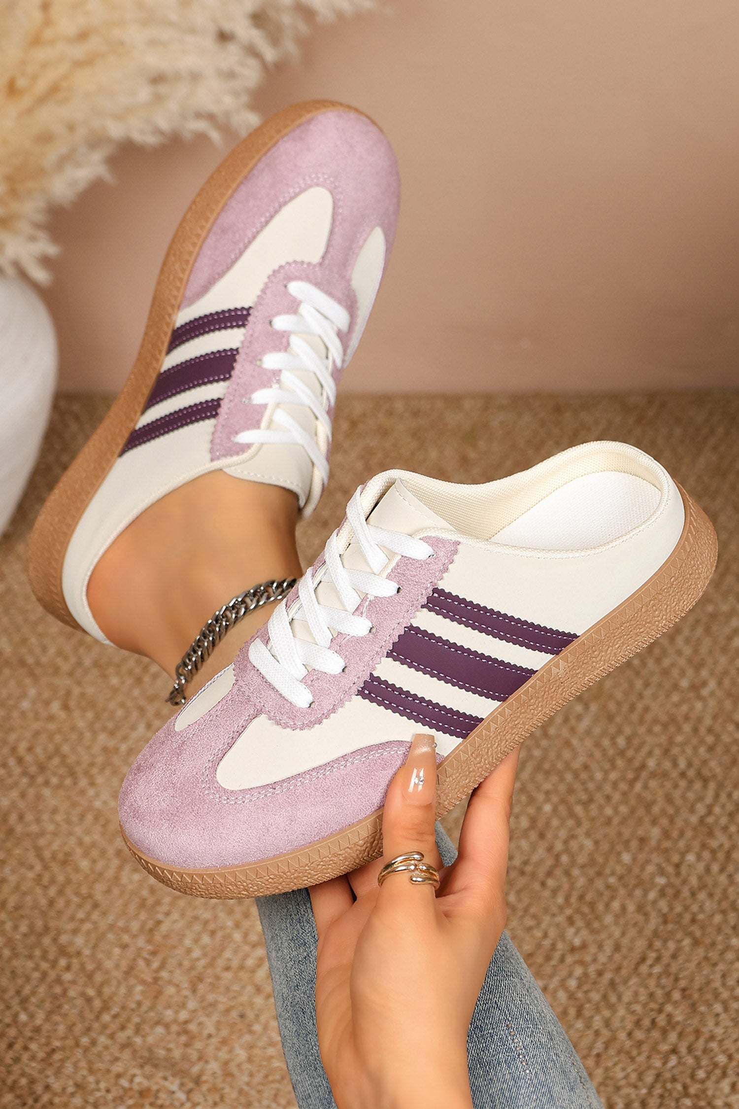 Tillandsia Purple PU Leather Color Block Varsity Lace Up Flat Shoes