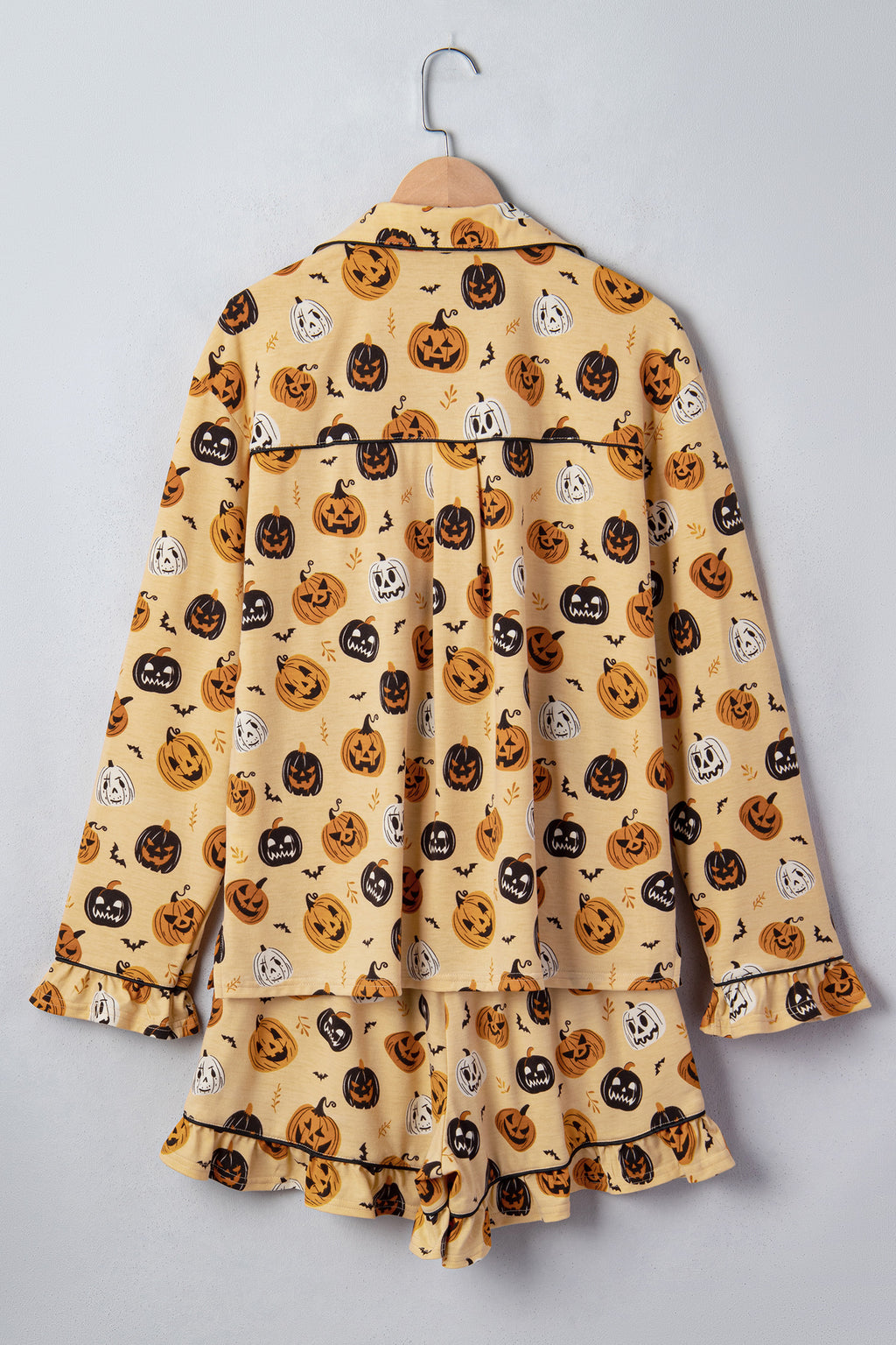 Orange Long Sleeve Ruffle Pumpkin Face Print Two Piece Lounge Set