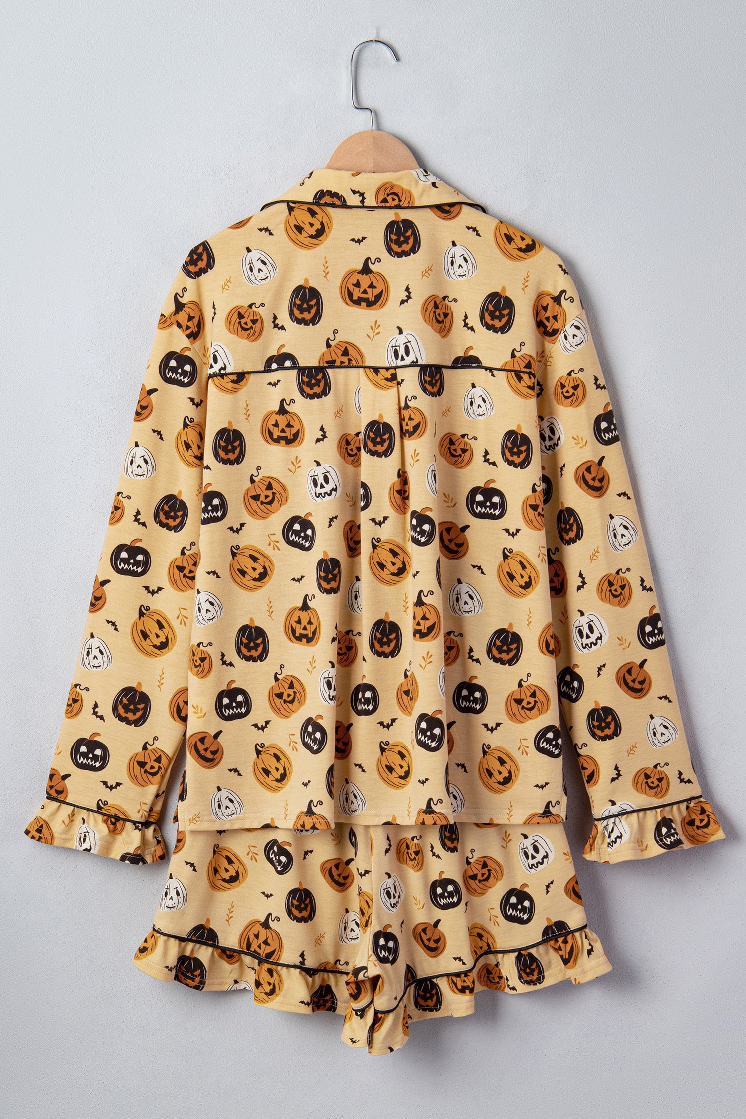 Orange Long Sleeve Ruffle Pumpkin Face Print Two Piece Lounge Set