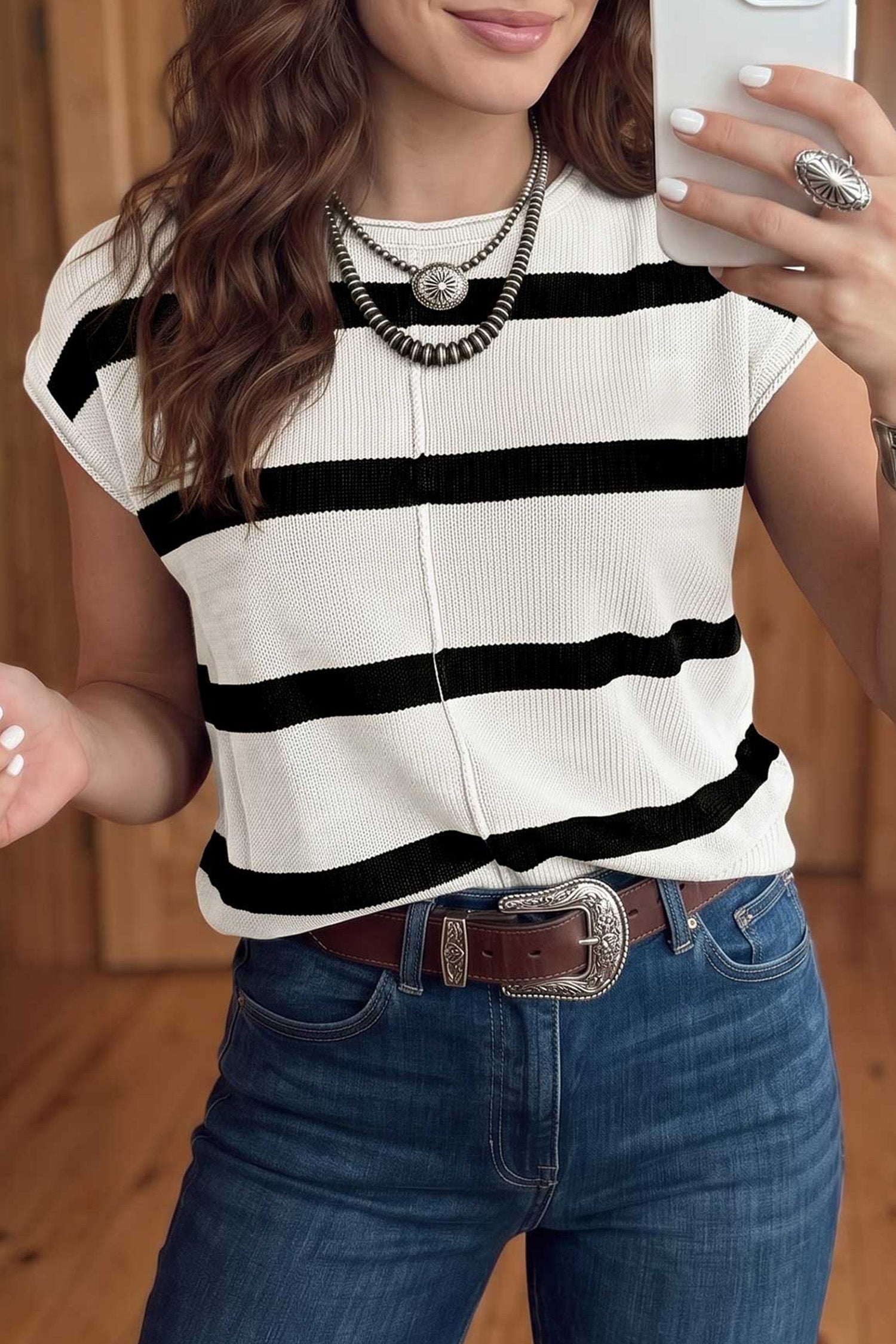 Brown Stripe Knit Western Short Sleeve Sweater