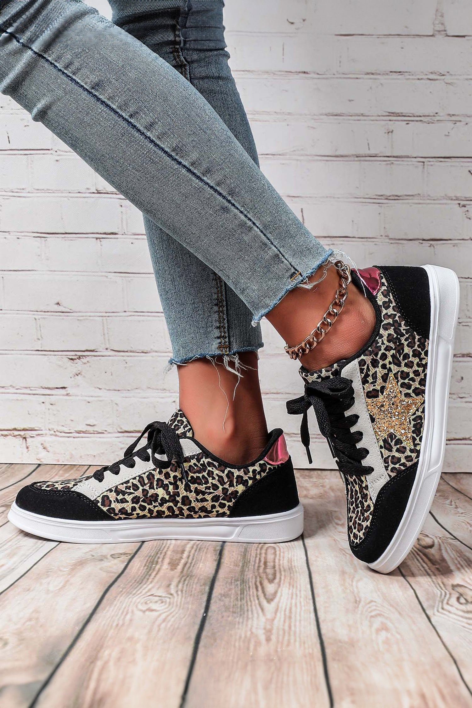 Black Stylish Color Block Glitter Star Patchwork Lace-up Flat Shoes