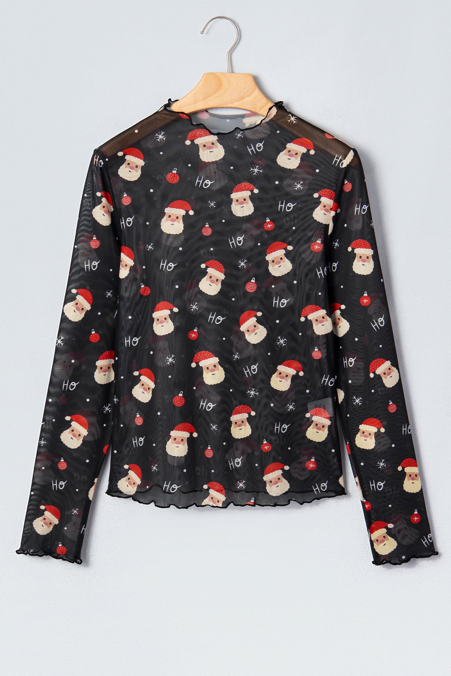 Black Santa Print Sheer Stand Neck Long Sleeve Top