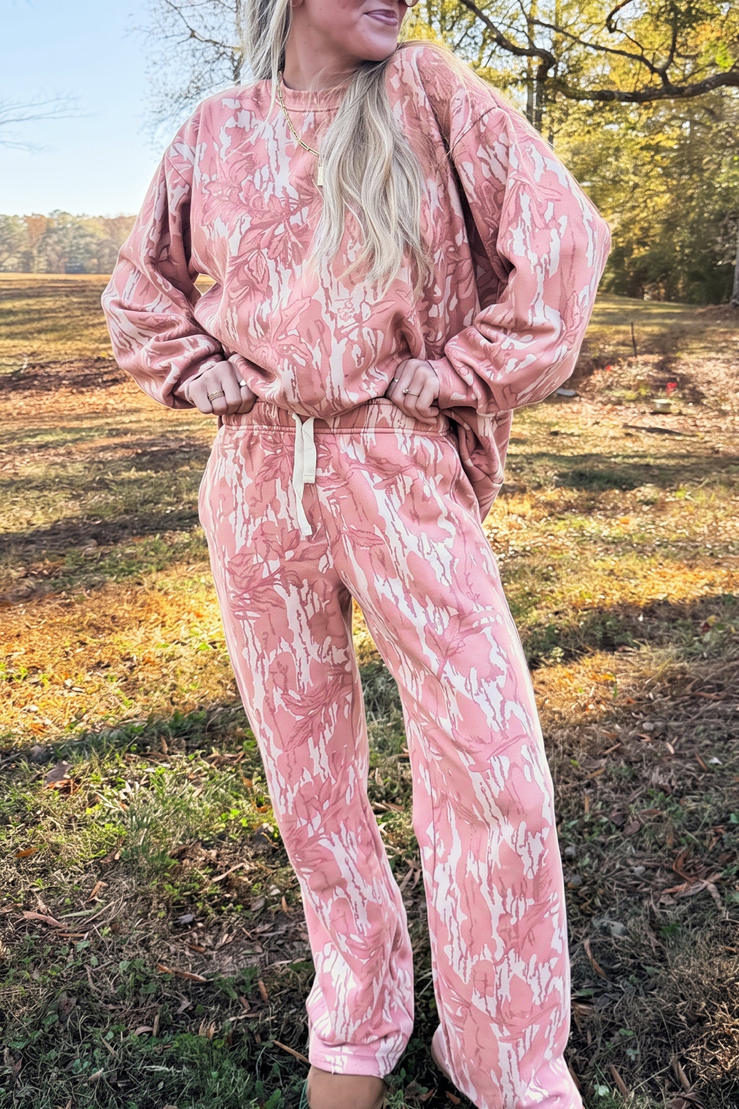 Pink Abstract Floral Print Loose Pullover Drawstring Pants 2pcs Set
