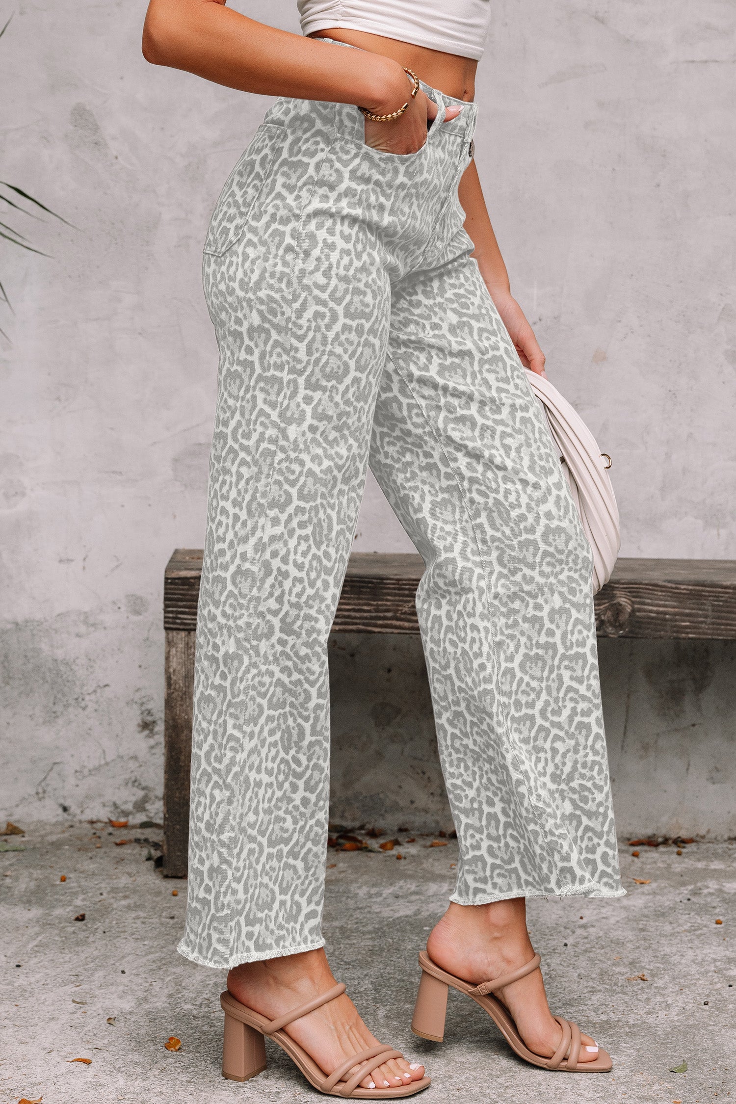 Brown Leopard Frayed Edge Wide Leg High Waist Jeans