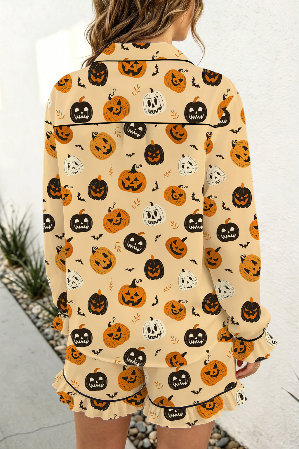 Orange Long Sleeve Ruffle Pumpkin Face Print Two Piece Lounge Set