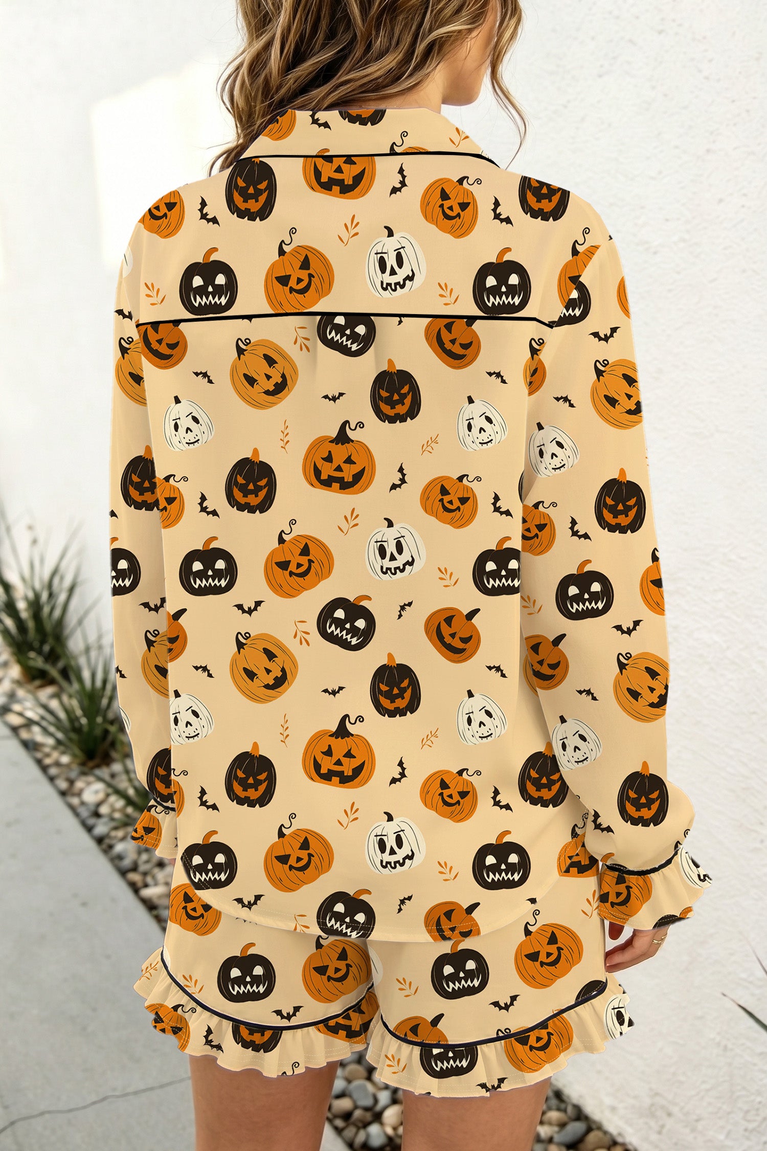 Orange Long Sleeve Ruffle Pumpkin Face Print Two Piece Lounge Set