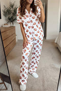 White Rugby Print Short Sleeve Button Down Top Loose Pants Game Day Pajama Set