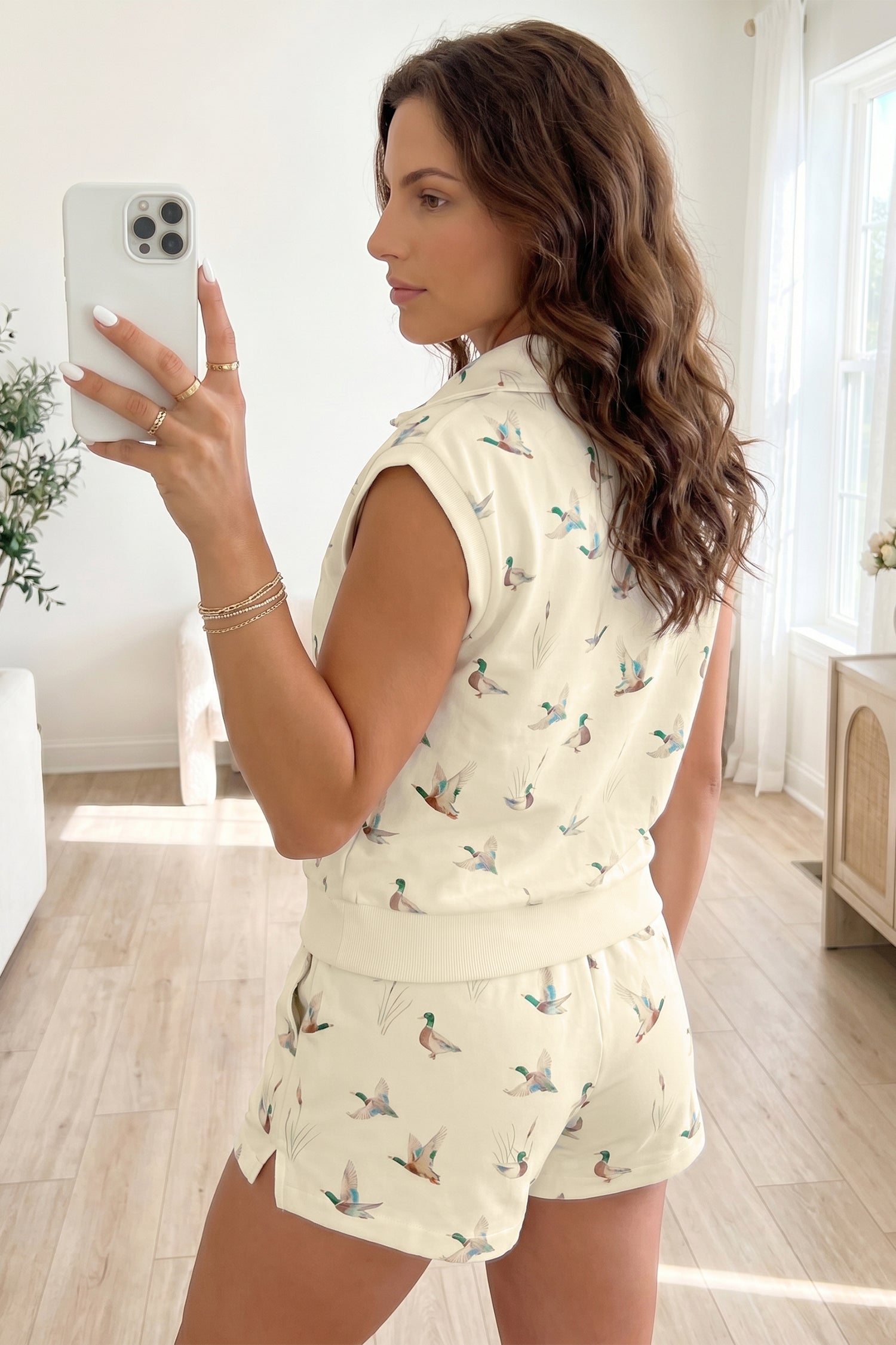 Beige Mallard Printed Zip Polo Tee Drawstring Short Set