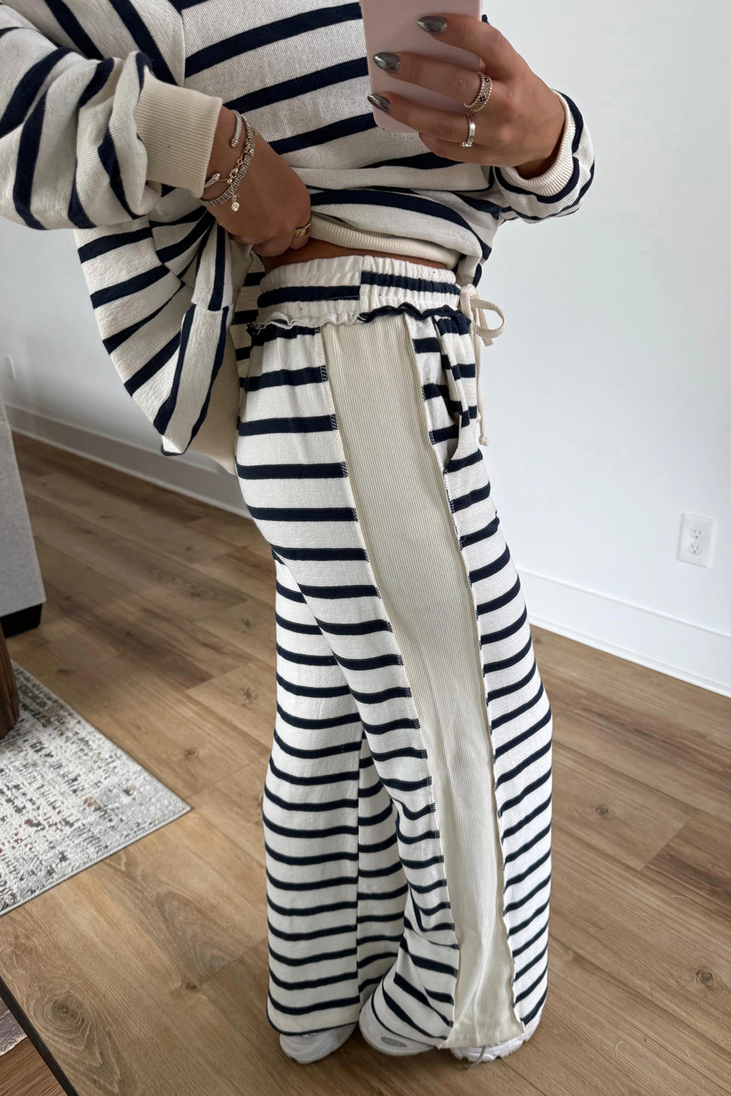 Blue Stripe Striped Ribbed Cuff Collar Pocket Loose Pant Set
