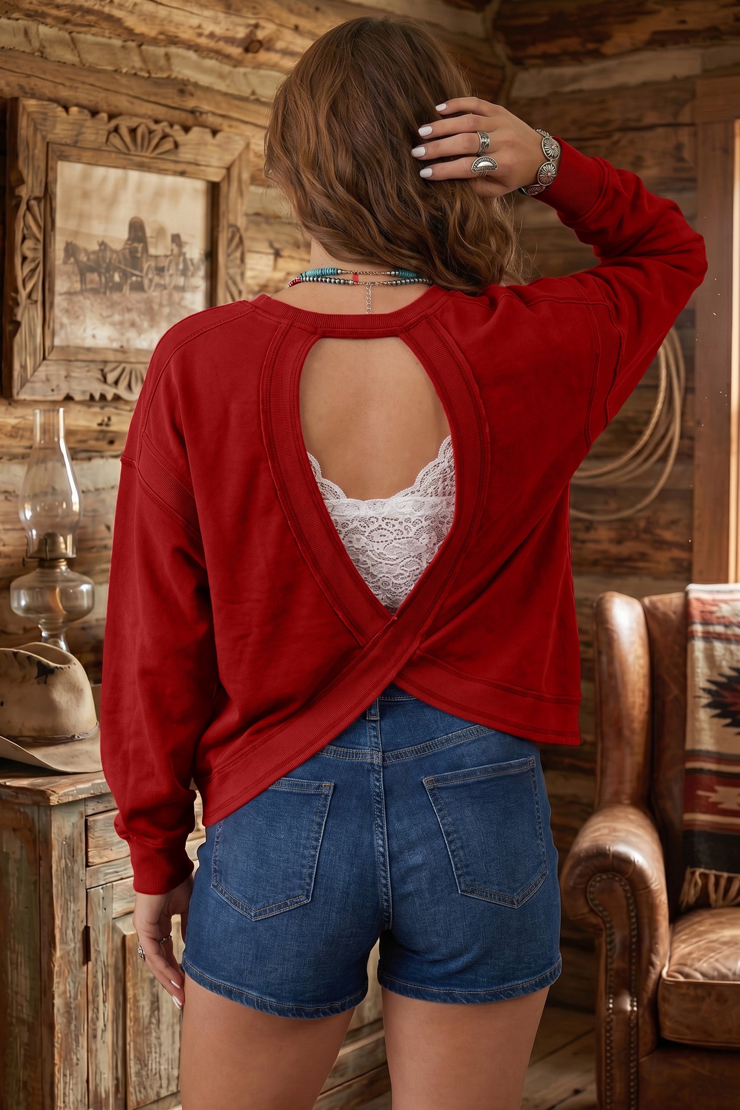 Racing Red Ribbed Detail Drop Shoulder Cutout Back Sweatshirt