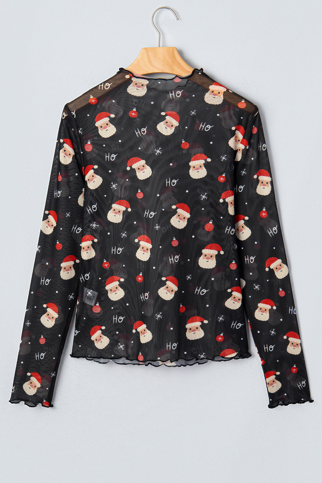 Black Santa Print Sheer Stand Neck Long Sleeve Top