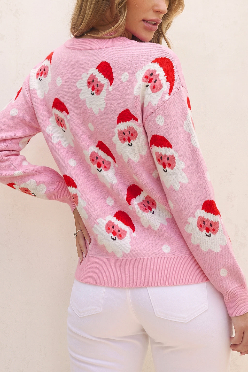 Pink Cartoon Santa Pattern Round Neck Dropped Shoulder Sweater