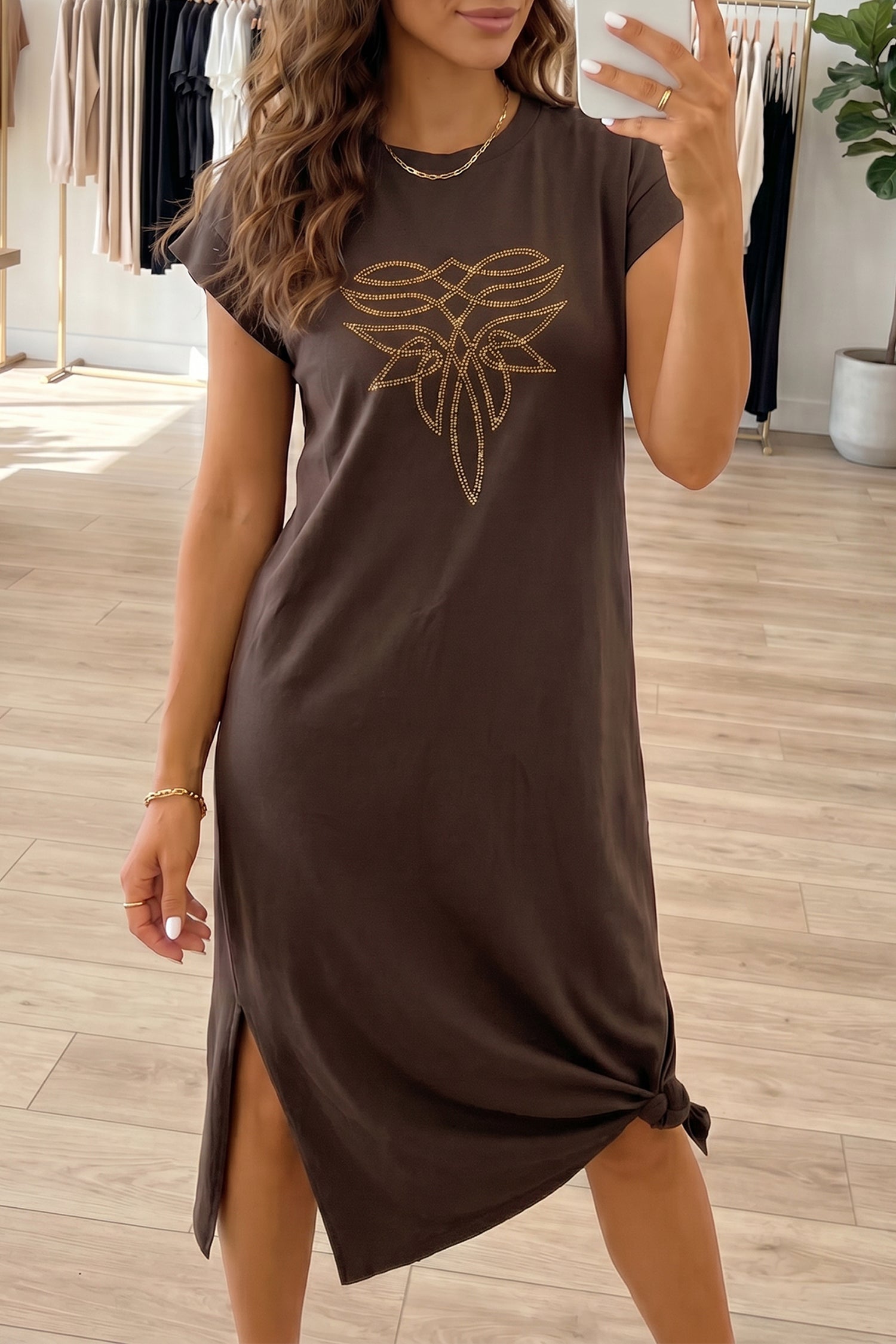 Red Sandalwood Rhinestone Western Graphic Side Slit Midi T-Shirt Dress