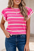 Rose Stripe Double Ruffle Short Sleeve Lightweight Knit Sweater