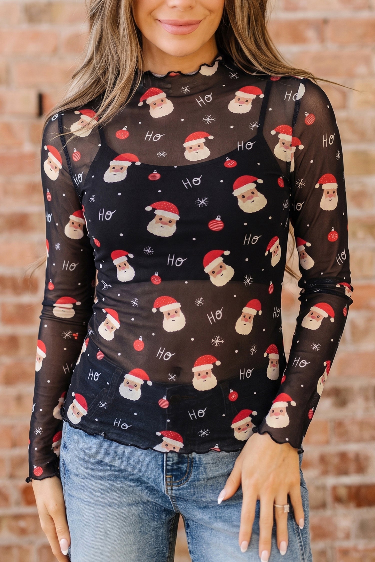 Black Santa Print Sheer Stand Neck Long Sleeve Top
