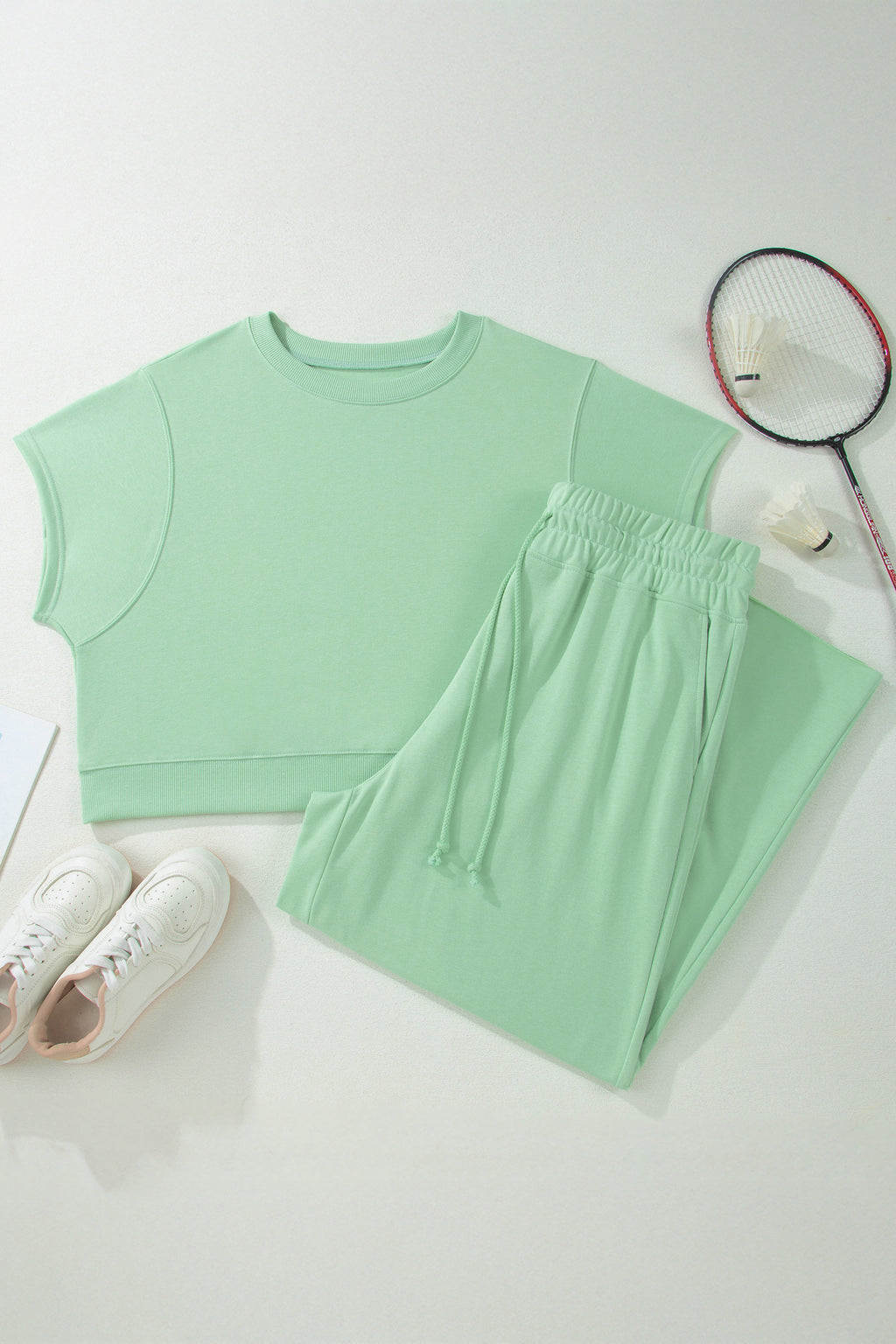 Clearly Aqua Solid Color Ribbed Trim Short Sleeve Top Drawstring Loose Pants 2pcs Outfit