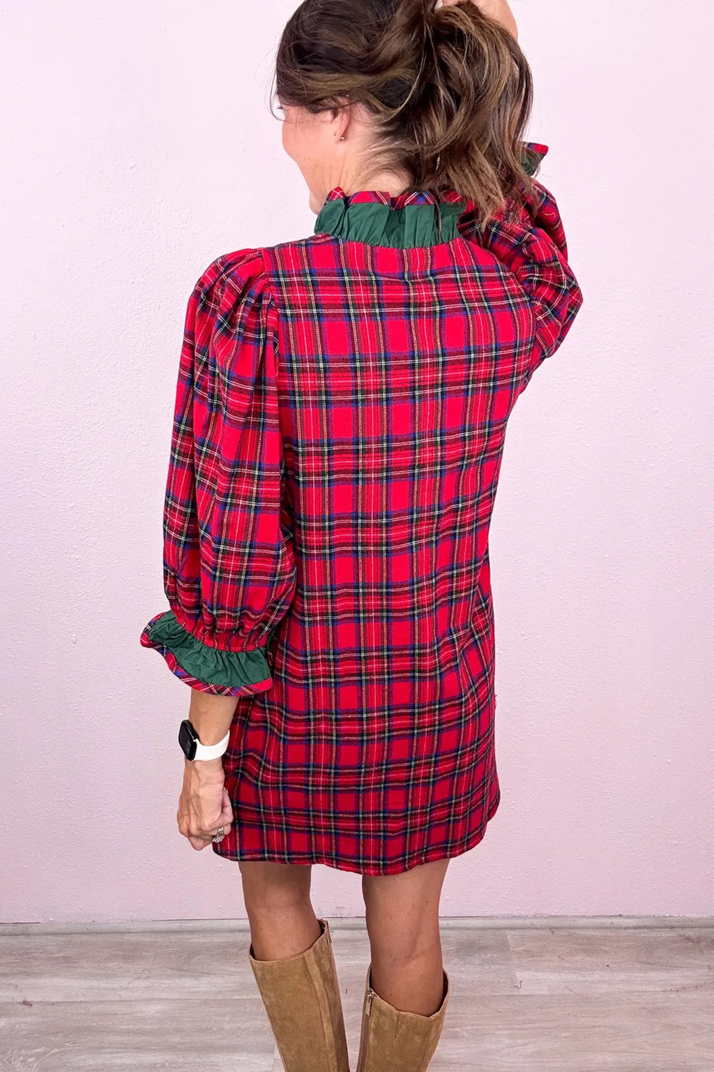 Red Plaid Ruffle Cuff Button Front Pocket Mini Dress