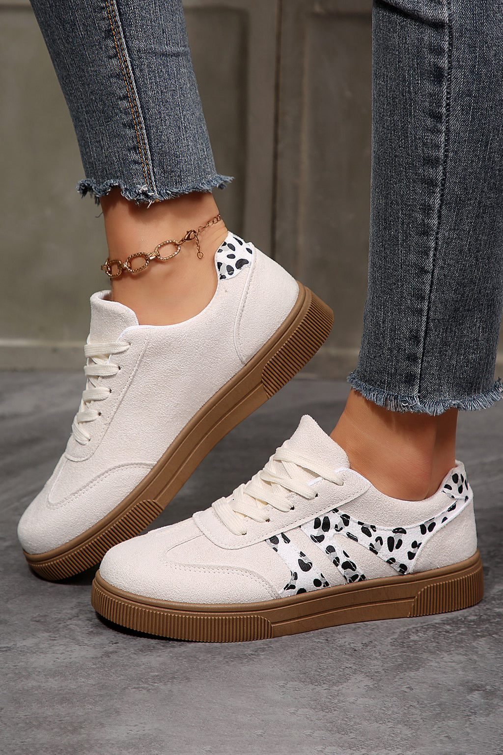 White Suede Leopard Color Block Trim Lace-up Casual Shoes