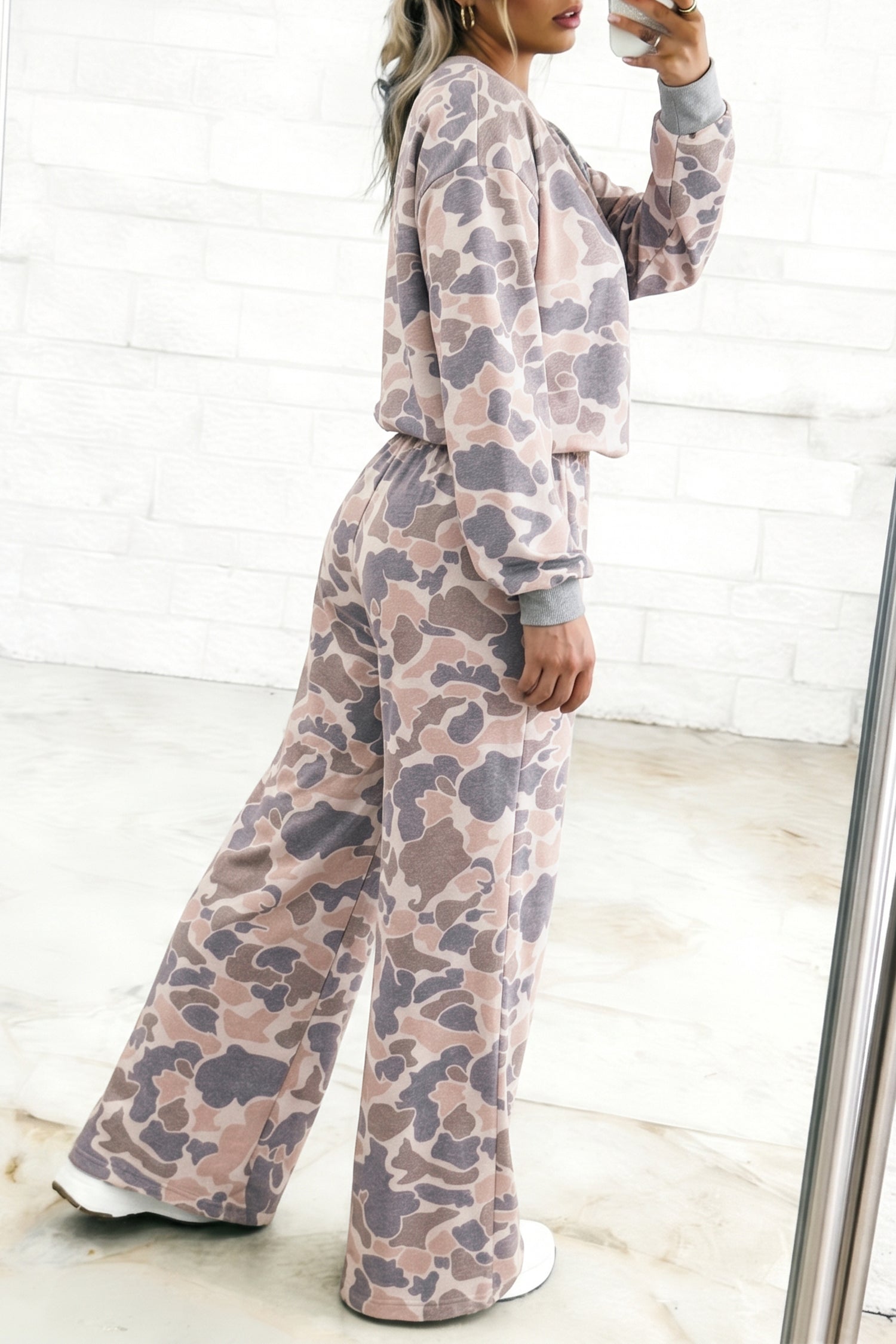 Multicolour Camouflage Print Long Sleeve Top Loose 2pcs Pants Set