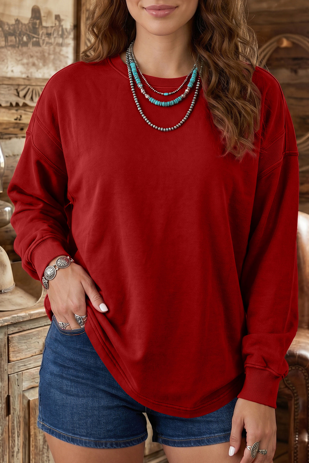 Racing Red Ribbed Detail Drop Shoulder Cutout Back Sweatshirt