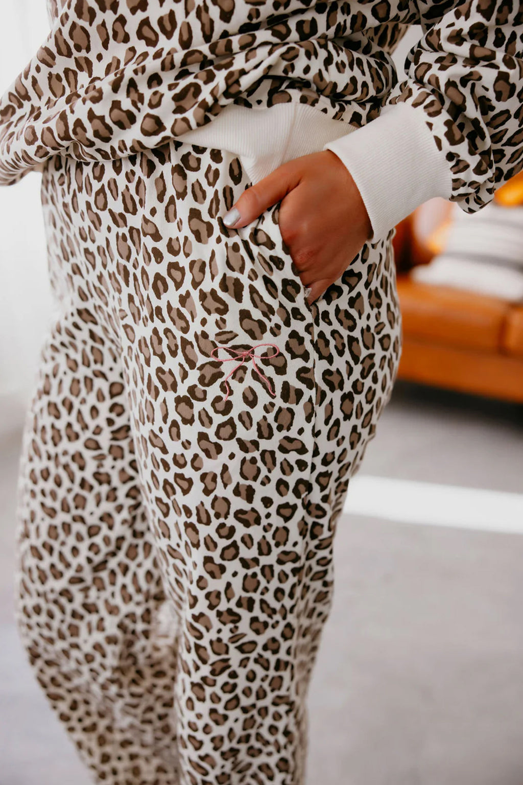 Khaki Leopard Print Embroidery Colorblock Details Pant Set