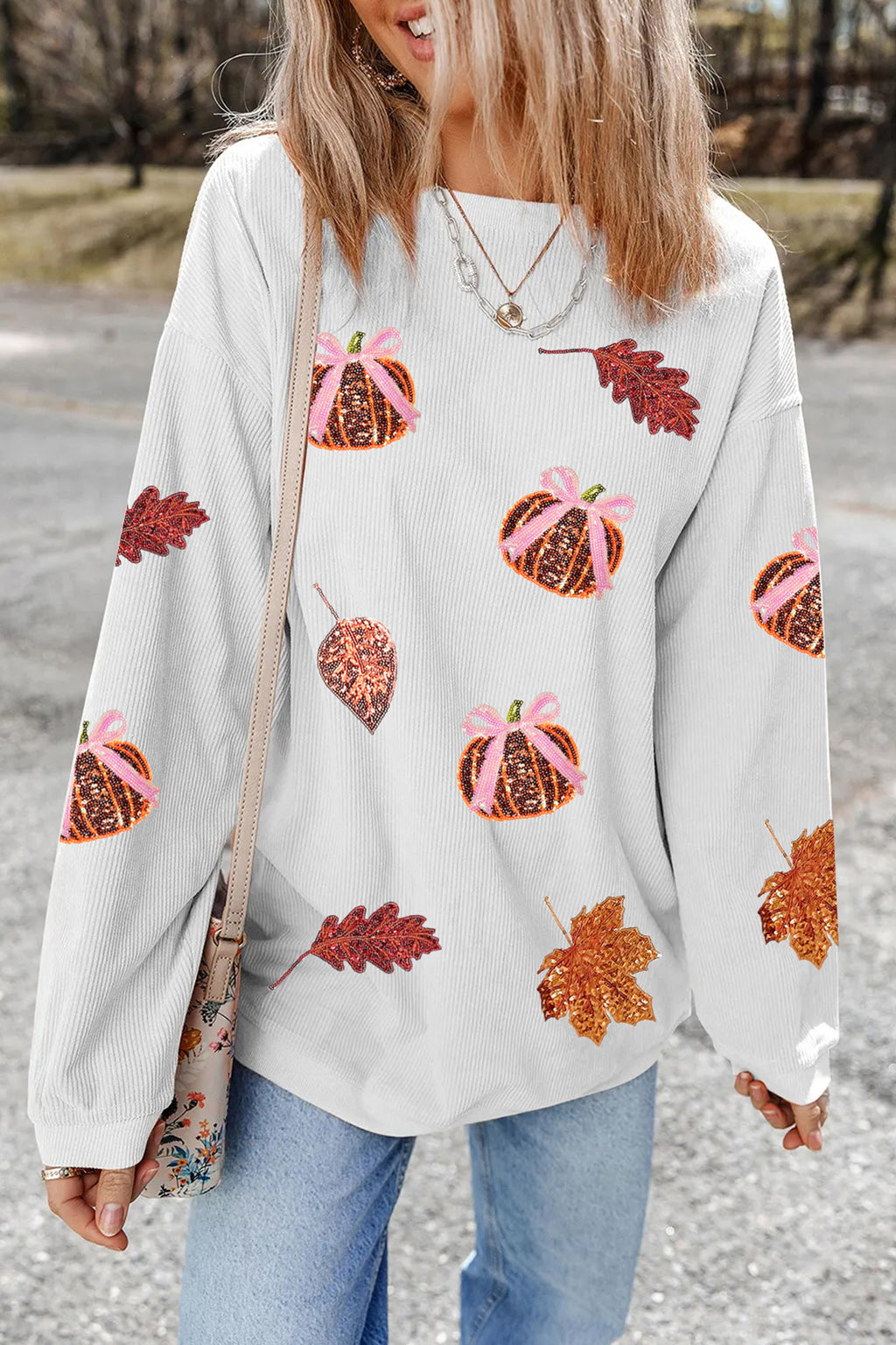 White Sequin Pumpkin Leaf Corded Ribbed Oversized Sweatshirt