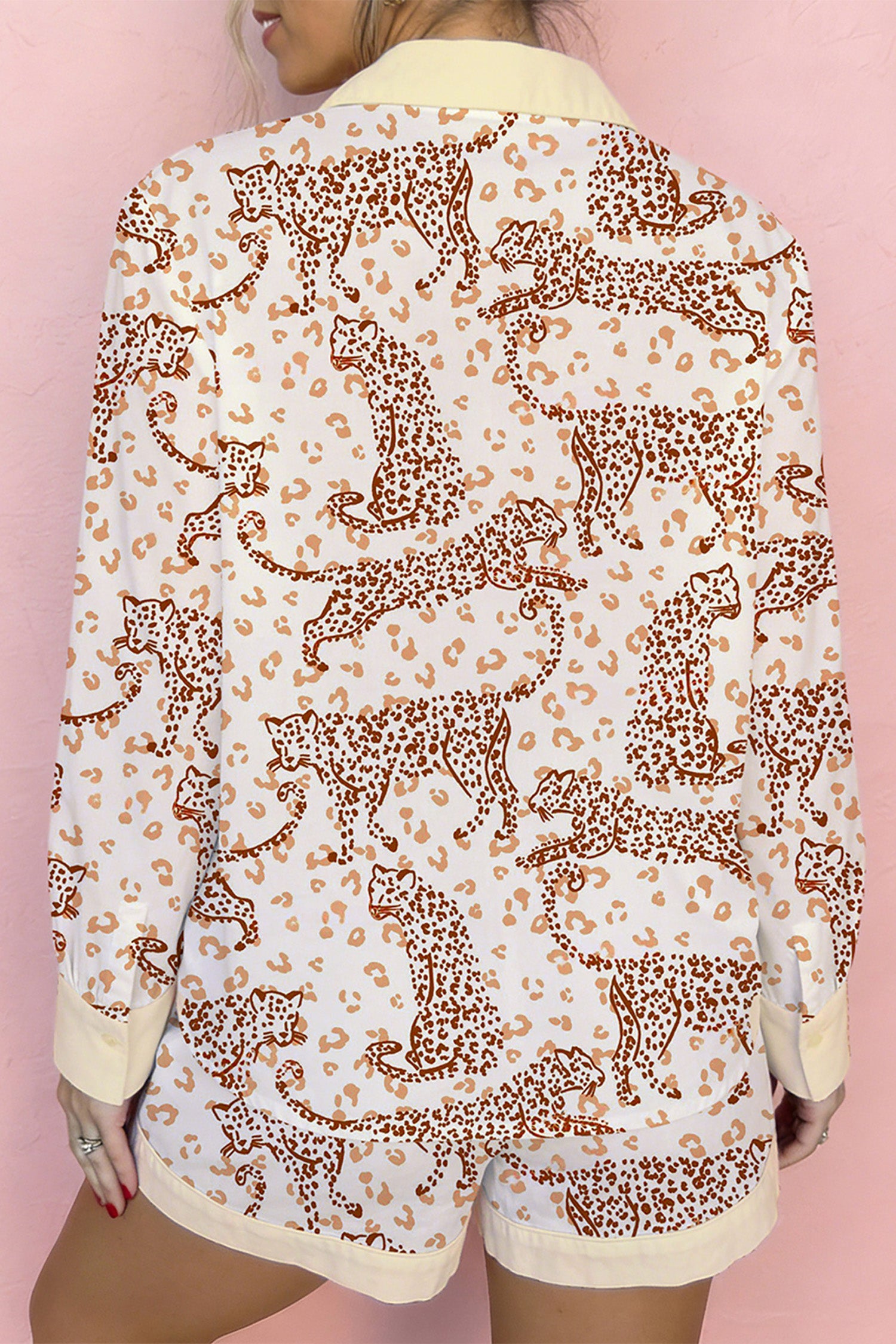 Yellow Leopard Print Colorblock Pocket Placket Long Sleeve Lounge Set