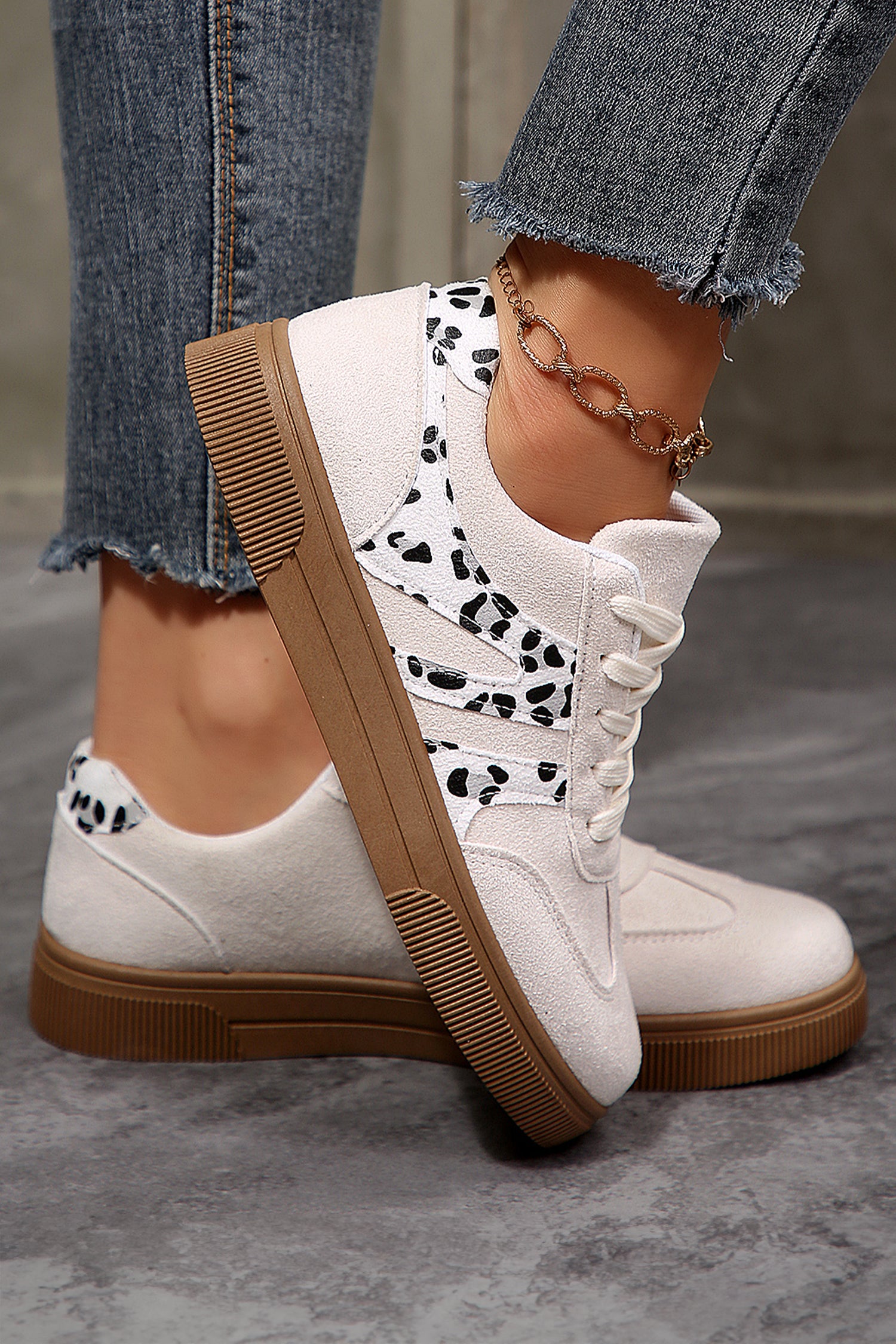 White Suede Leopard Color Block Trim Lace-up Casual Shoes