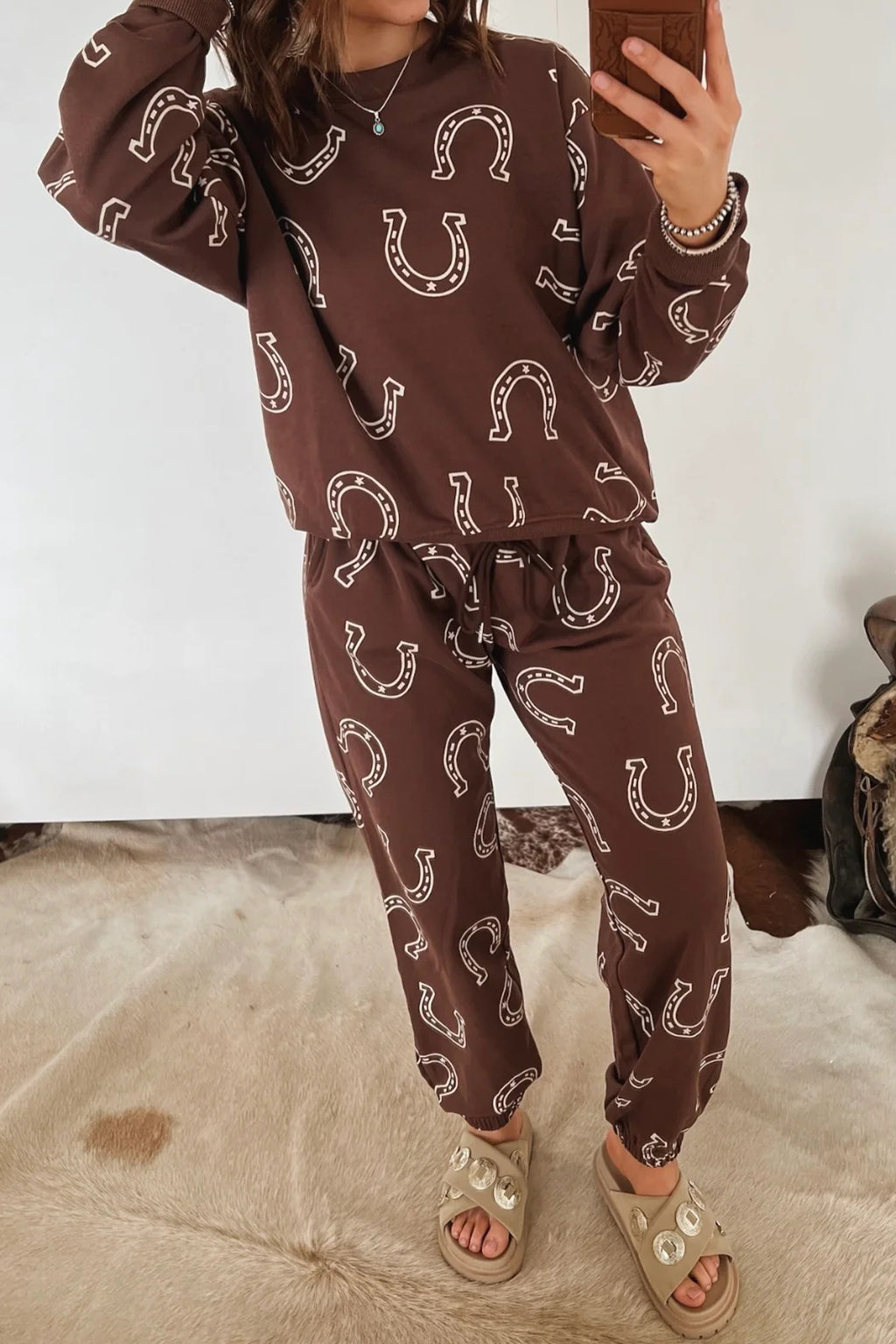 Brown Western Print Elastic Waist Pocket 2pcs Pant Set