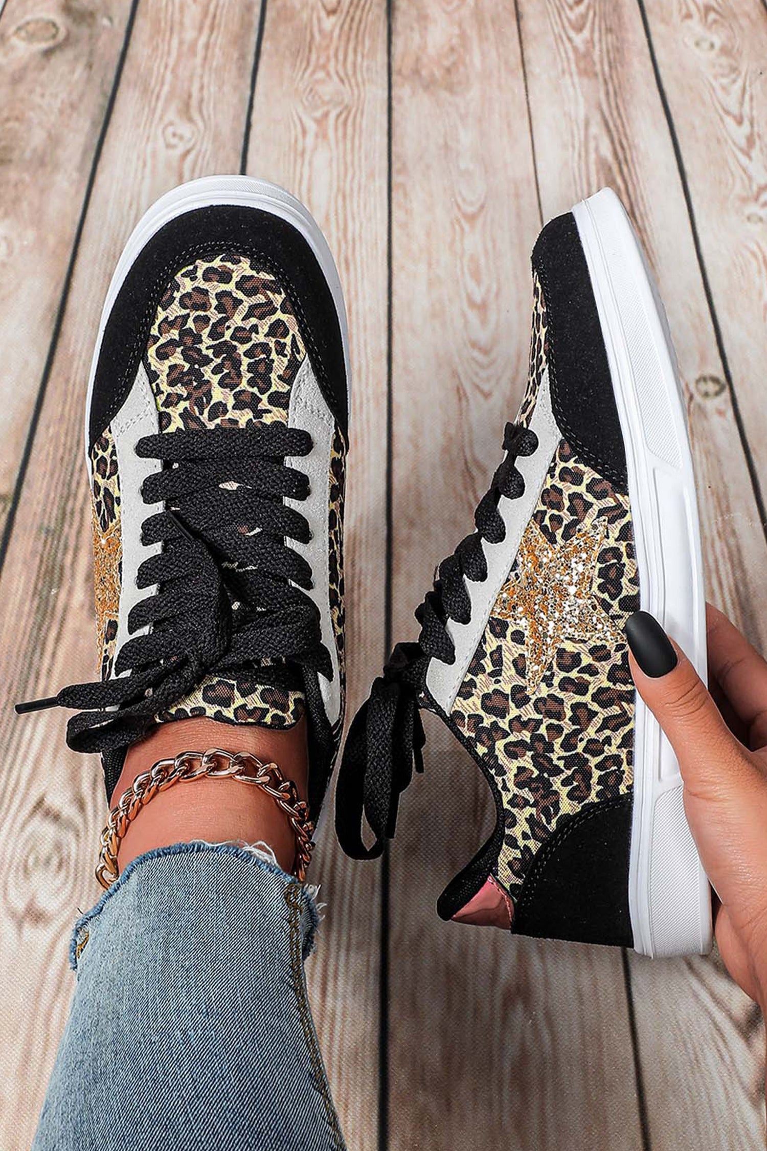 Black Stylish Color Block Glitter Star Patchwork Lace-up Flat Shoes