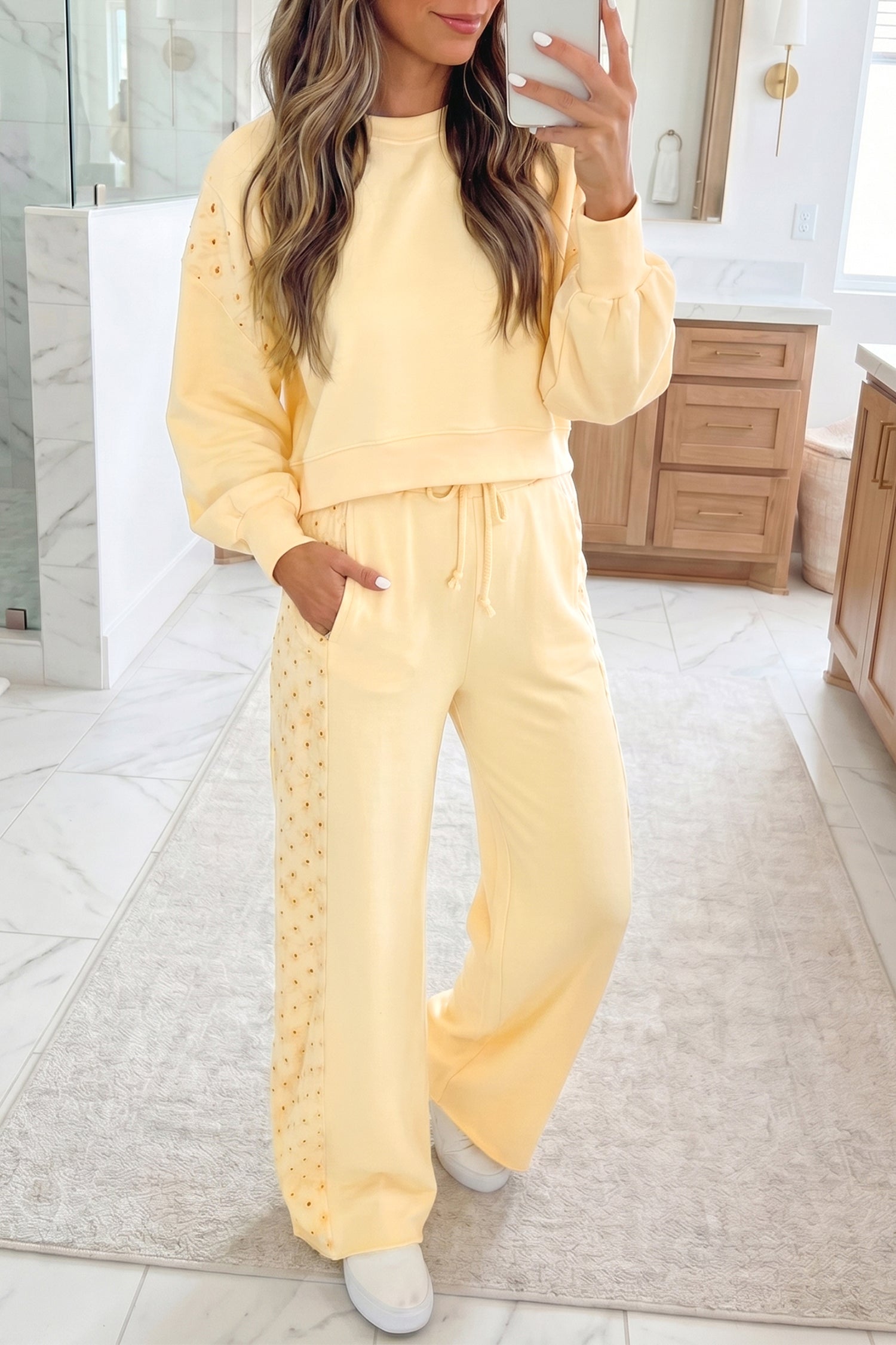 Yellow Cream Eyelet Embroidered Lace Patchwork Cropped Pullover Drawstring Pants Set