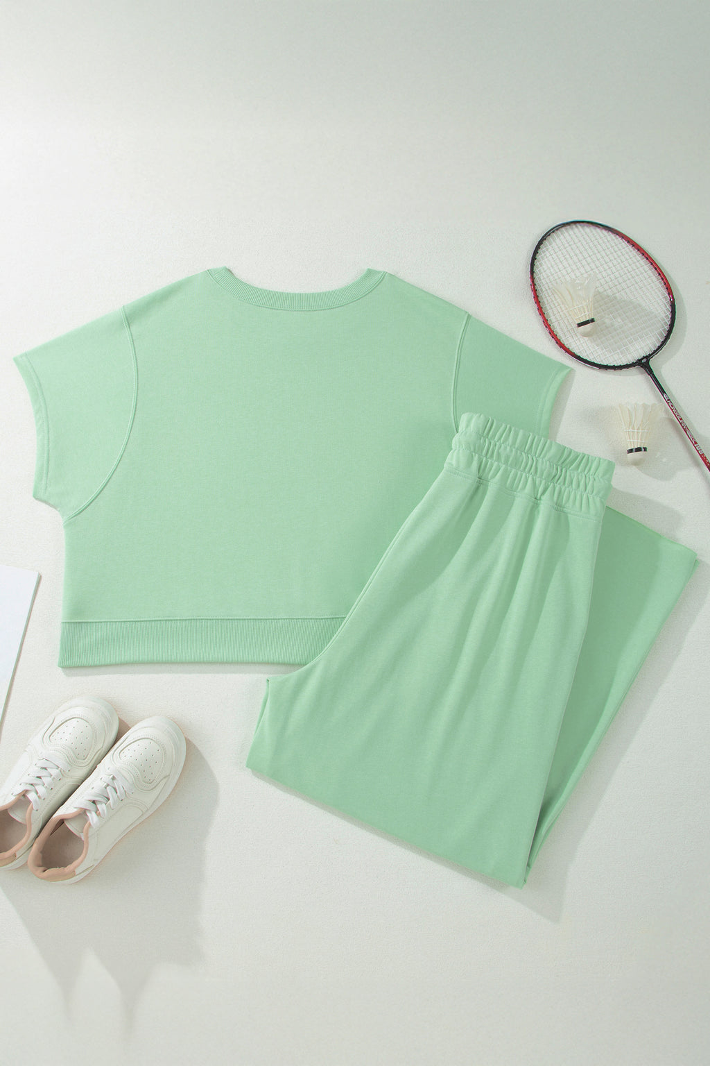 Clearly Aqua Solid Color Ribbed Trim Short Sleeve Top Drawstring Loose Pants 2pcs Outfit