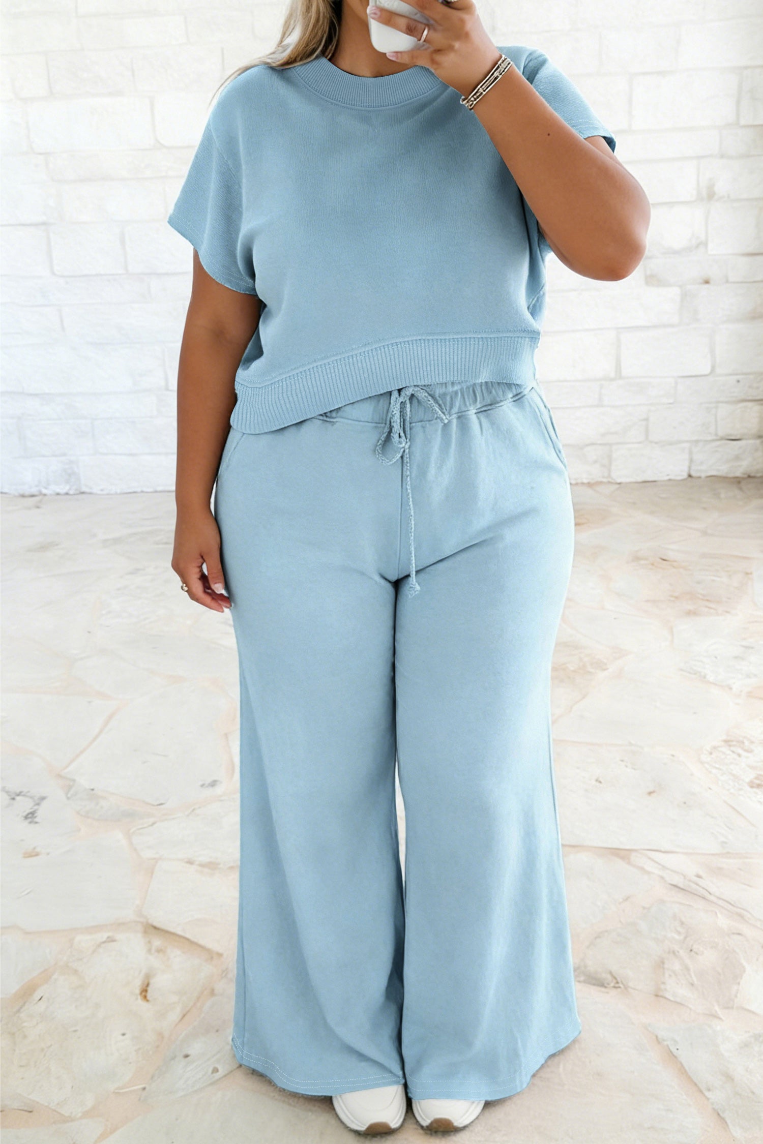 Clearly Aqua Solid Color Ribbed Trim Short Sleeve Top Drawstring Loose Pants 2pcs Outfit