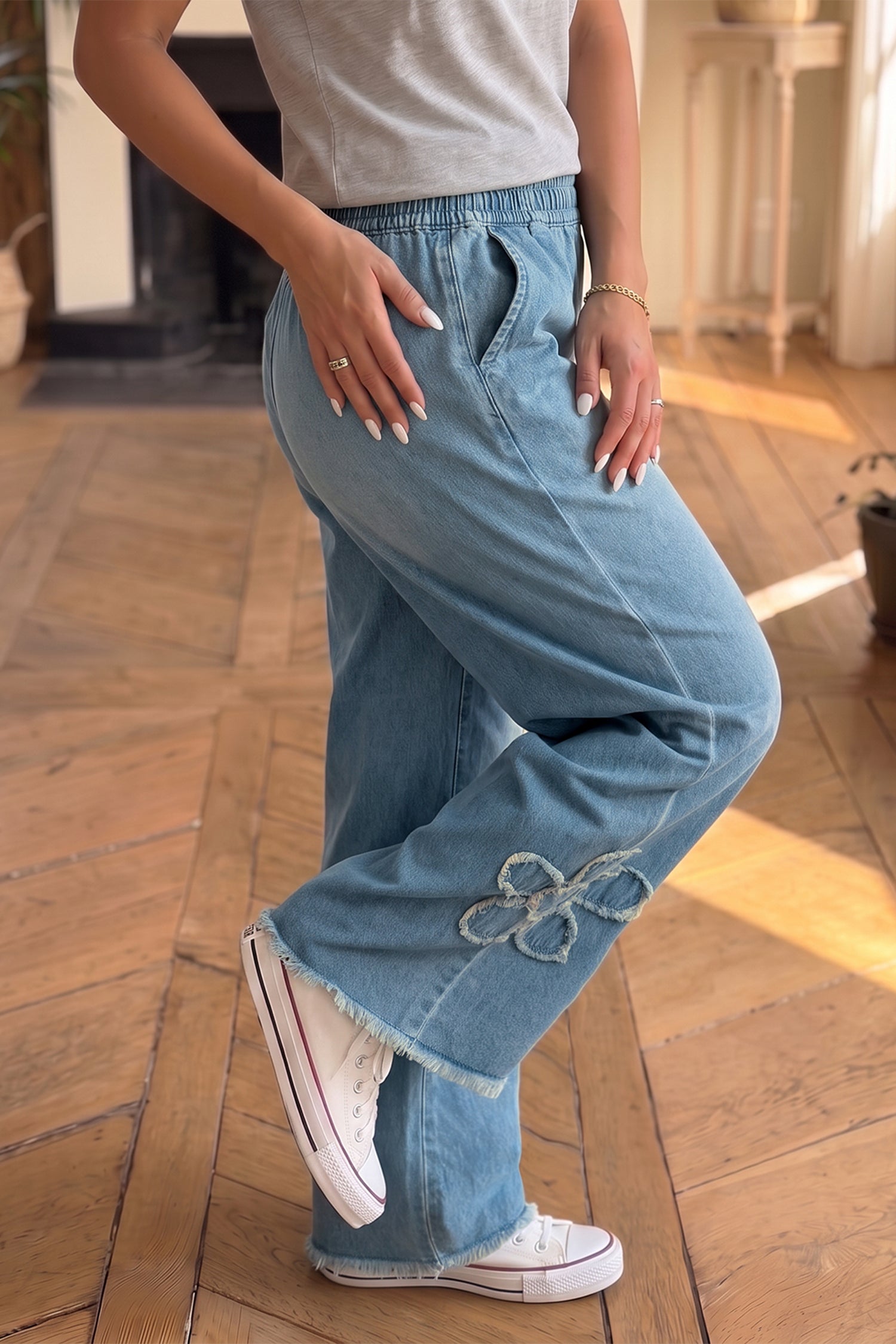 Beau Blue Frayed Floral Patch Wide Leg Raw Hem Wide Leg Jeans