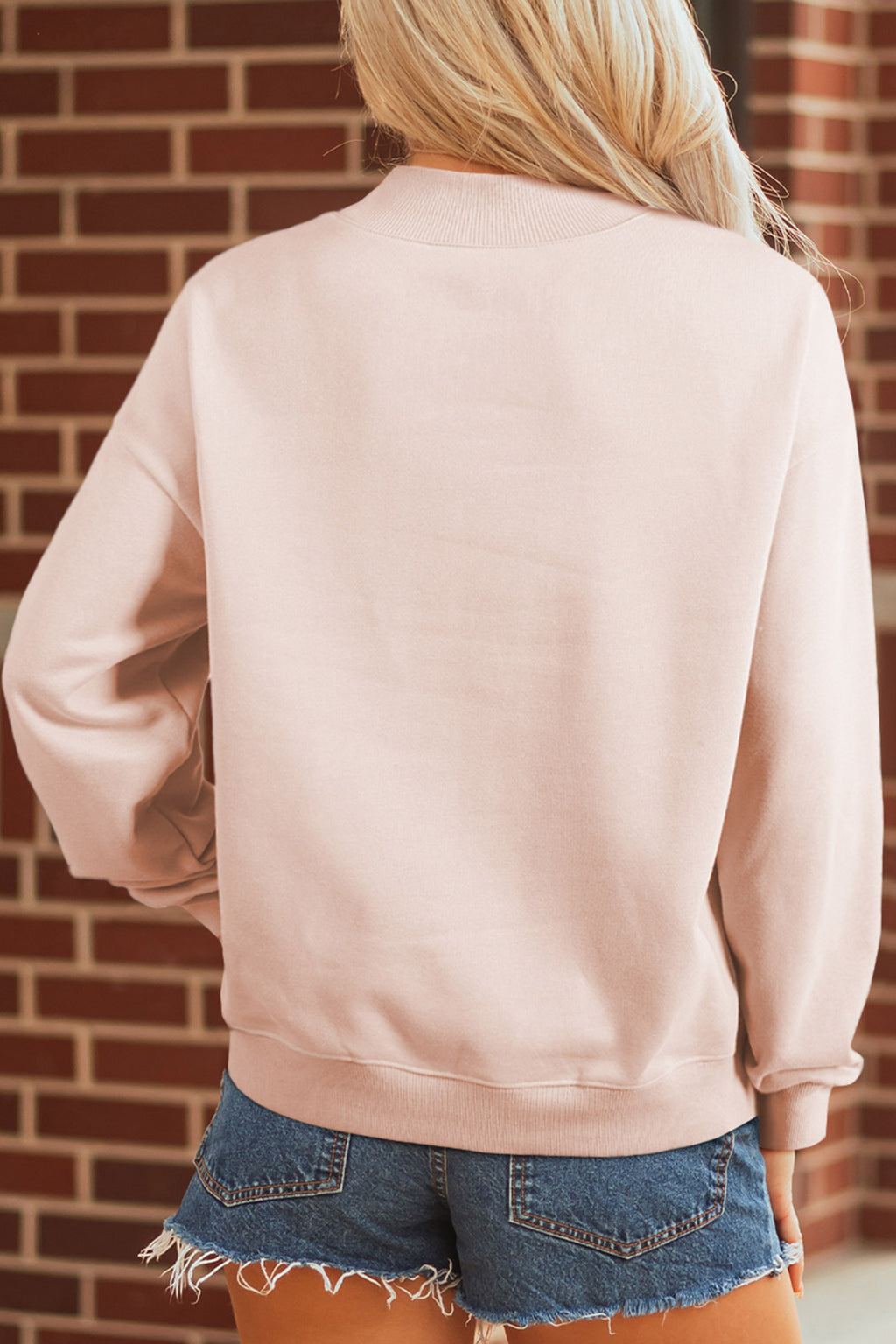 Apricot Pink Camo Print Letter Graphic Mock Neck Sweatshirt