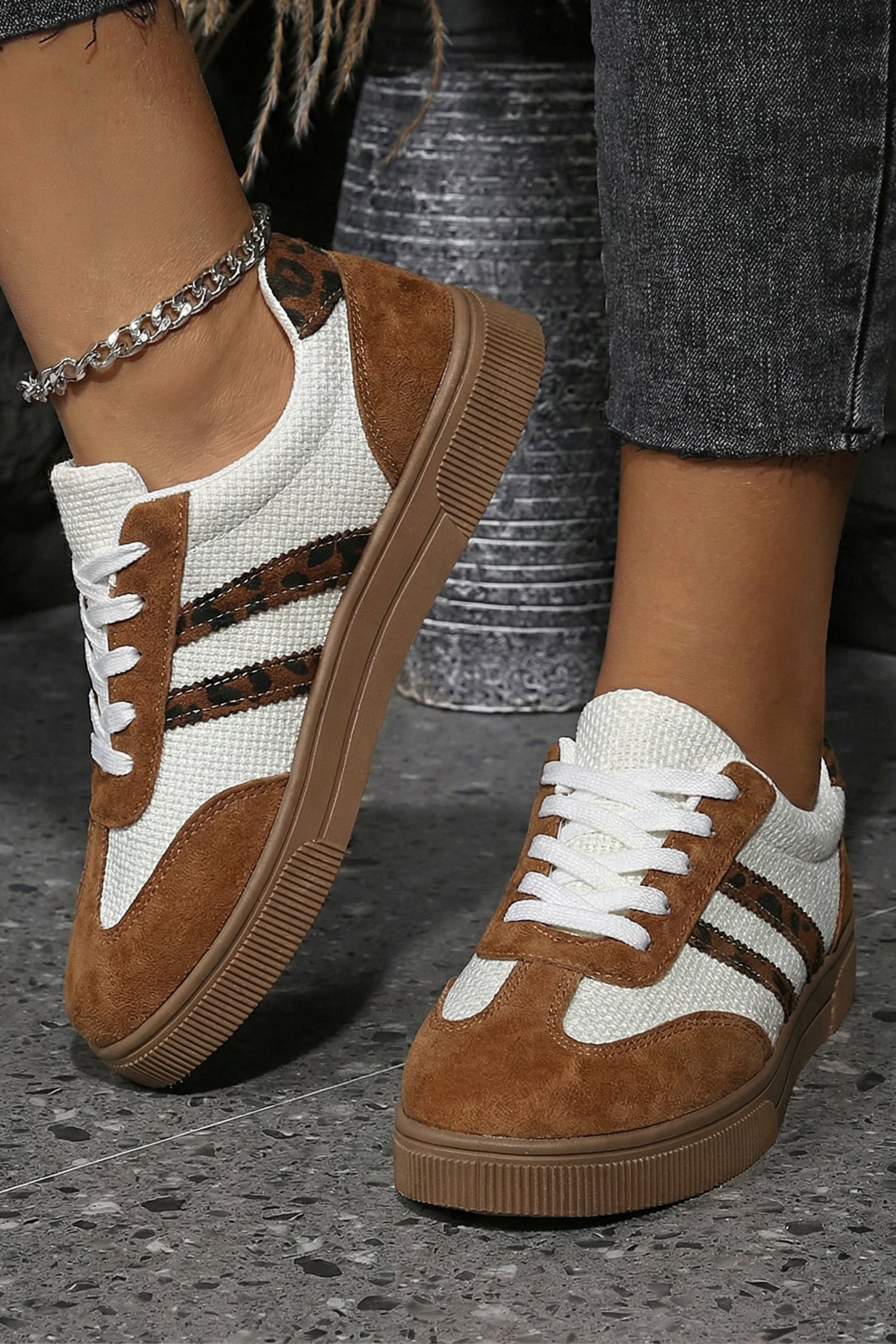 White Textured Woven PU Leather Leopard Patchwork Flat Sneakers