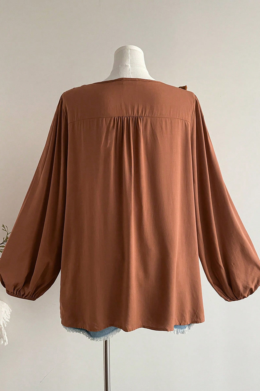 Chestnut Boho V Neck Embroidered Tassel Long Sleeve Plus Size Blouse