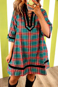 Green Plaid Velvet Trim Pockets Short Shift Dress