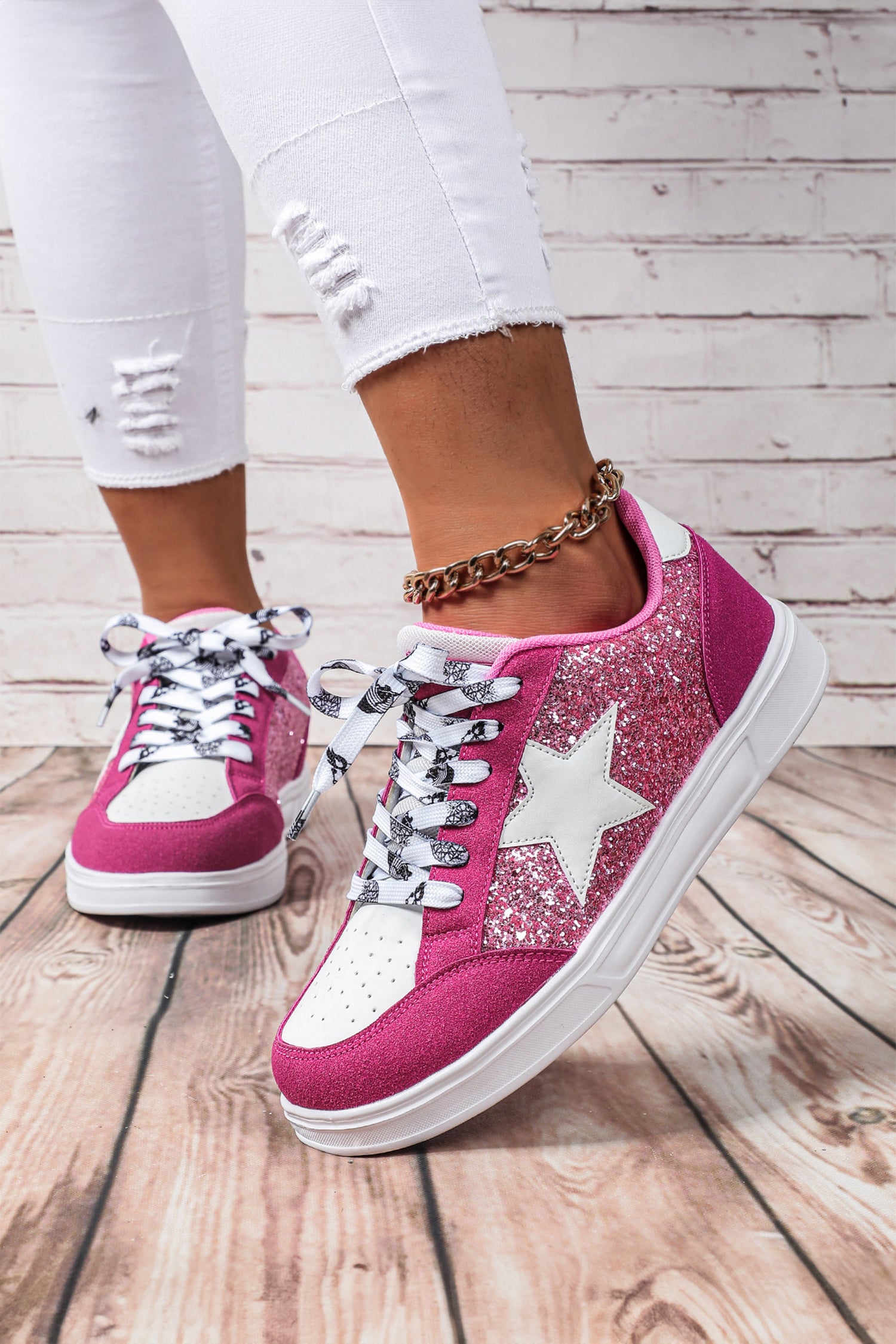 Black Stylish Color Block Glitter Star Patchwork Lace-up Flat Shoes