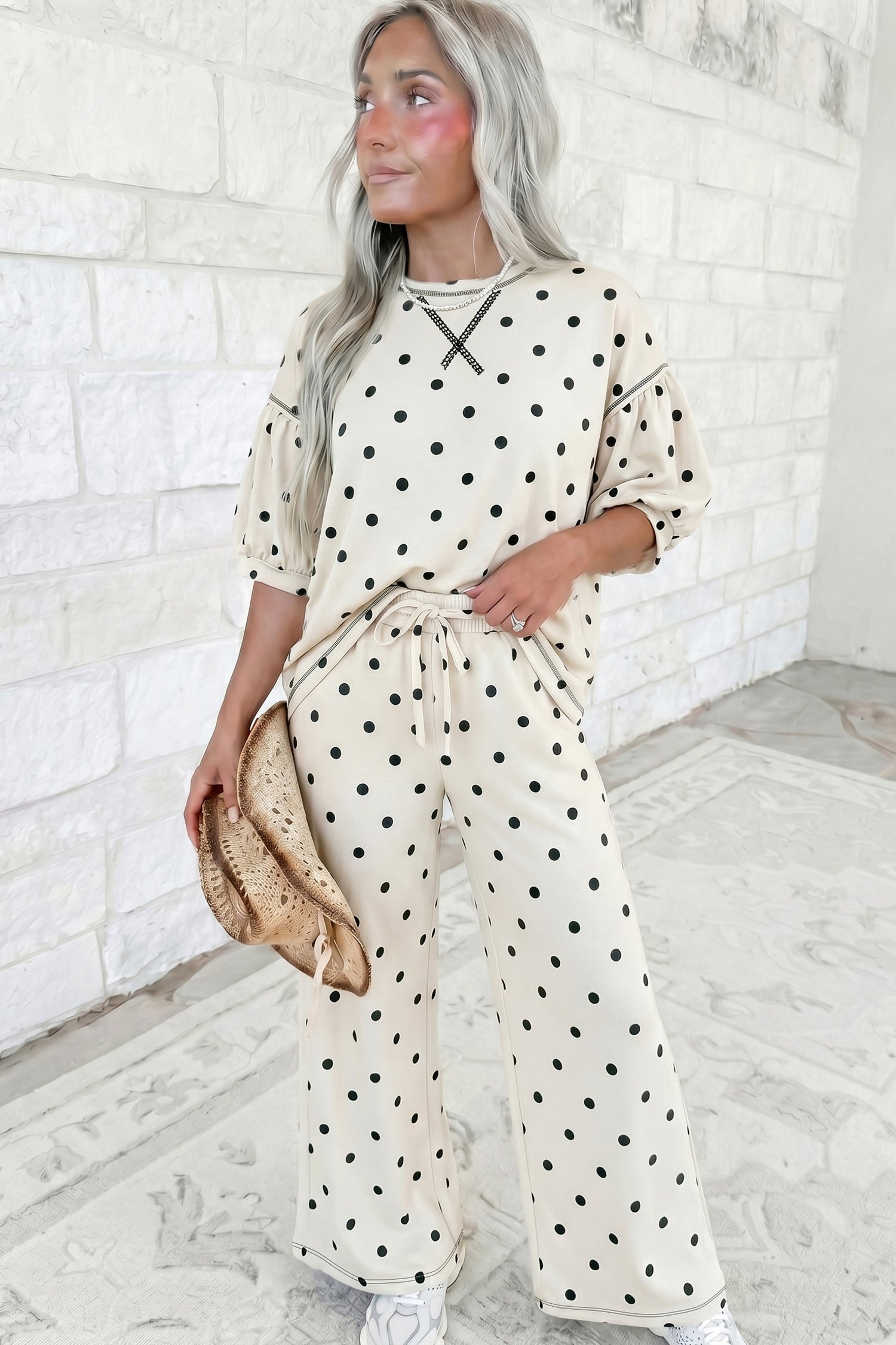 Beige Polka Dot Half Sleeve Loose Top Elastic Waist Casual Pants Set
