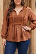 Chestnut Boho V Neck Embroidered Tassel Long Sleeve Plus Size Blouse